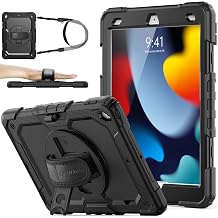 SEYMAC Stock iPad 10.2 Inch 9/8/7 Generation Case, Shockproof, Protective Film Included, Pen Holder, 360  Rotating Stand, Hand Strap, Shoulder Strap, Full Protective Cover Black