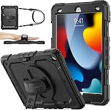 SEYMAC Stock iPad 10.2 Inch 9/8/7 Generation Case, Shockproof, Protective Film Included, Pen Holder, 360° Rotating Stand, Hand Strap, Shoulder Strap, Full Protective Cover (Black)