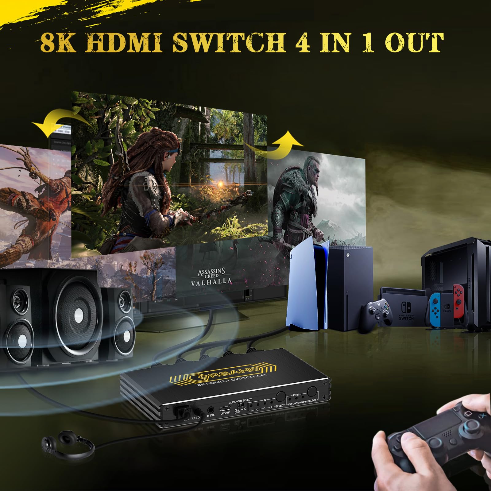 CORSAHD 4K@120Hz HDMI 2.1 Switch 4 in 1 Out with Audio Extractor,48Gbps,HDCP 2.3,HDR 10+,ARC,VRR,ALLM,CEC,IR Remote,Optical SPDIF 5.1Ch,AUX L/R 3.5mm 2.1Ch,HDMI Switcher 4x1,4 Port HDMI Selector