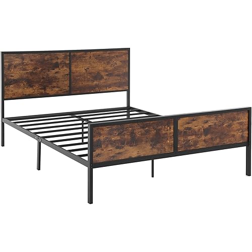 VASAGLE Queen Size Metal Bed Frame with Headboard, Footboard, No Box Spring Needed, Platform Bed, Under-Bed Storage, Industrial Style, Rustic Brown and Black URMB001B01