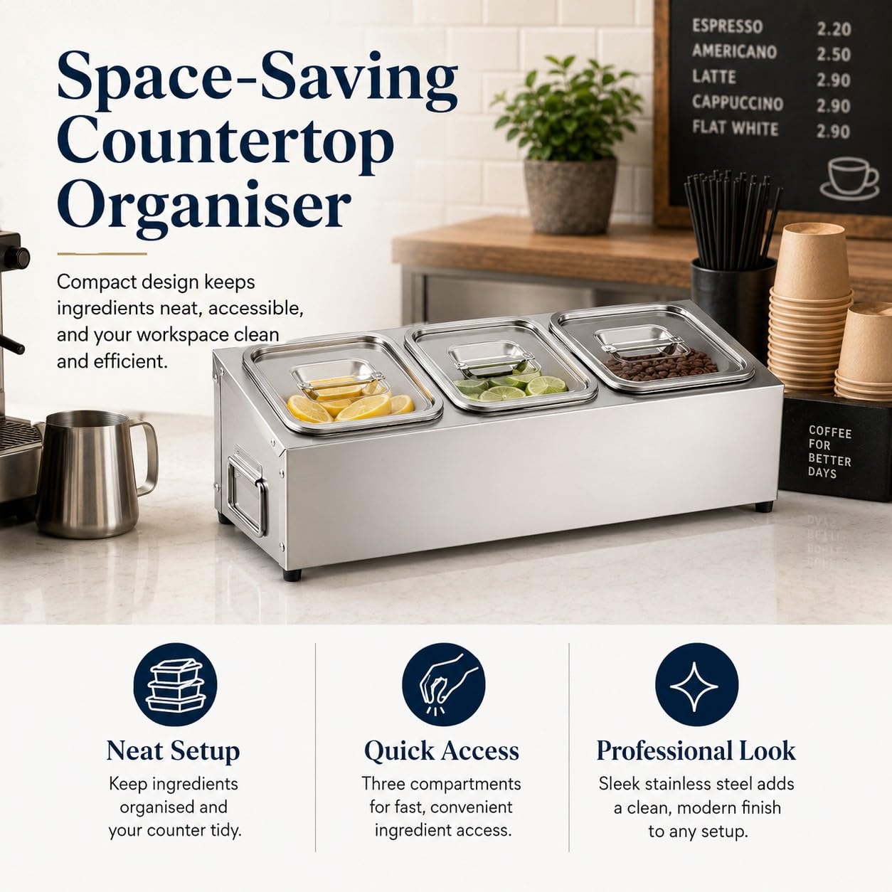 Porta Ingredienti Pizza in Acciaio Inox con Coperchio – Contenitore Gastronom Refrigerato, 3 Vaschette Modulari, Ideale per Pizzerie, Condimenti e Topping, Facile da Pulire