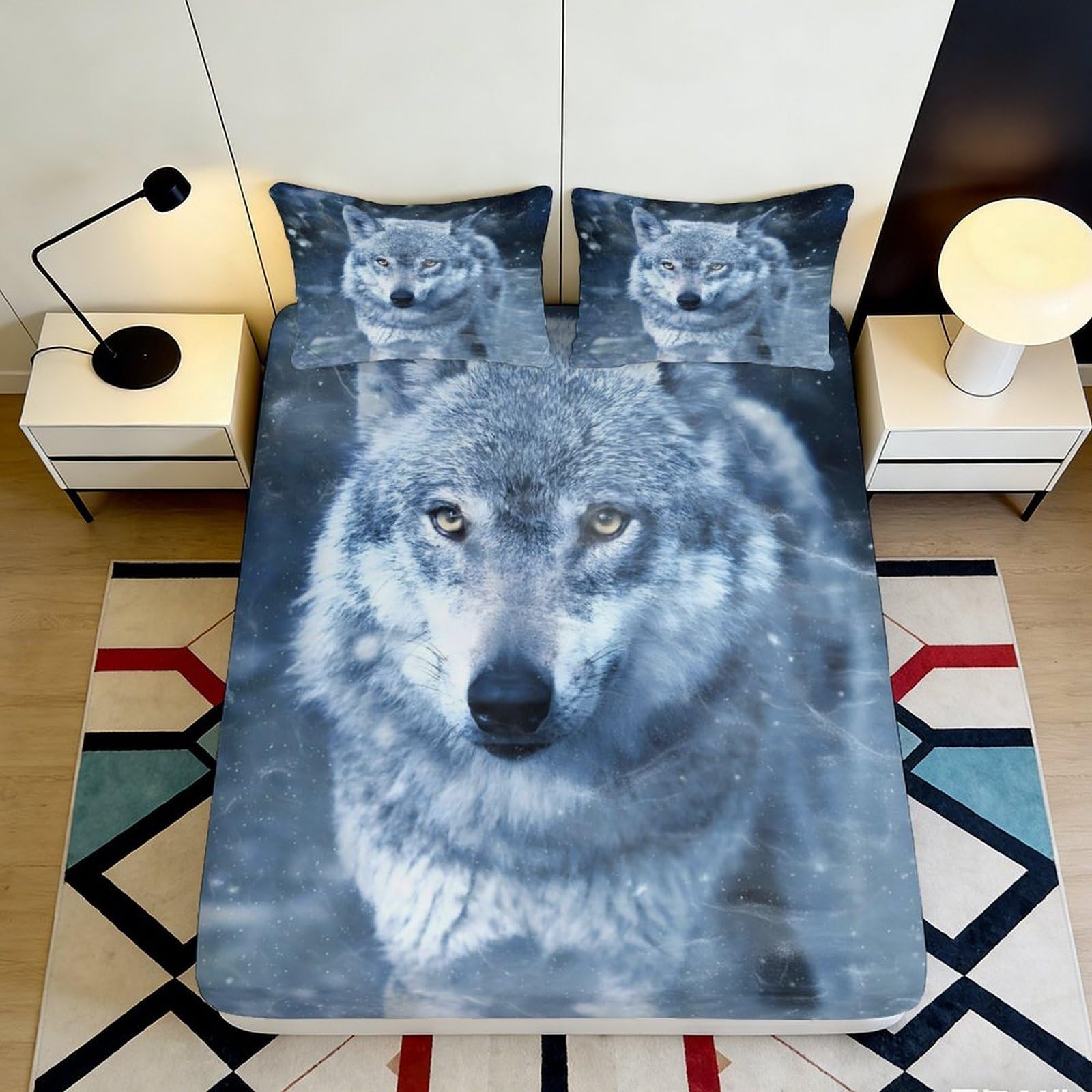 3D Printed Wolf Design Fitted Sheet Microfiber Soft Breathable Snow Pattern Bed Cover for Bedroom Dormitory Guest Room Mattress Protection 160x200x25cm