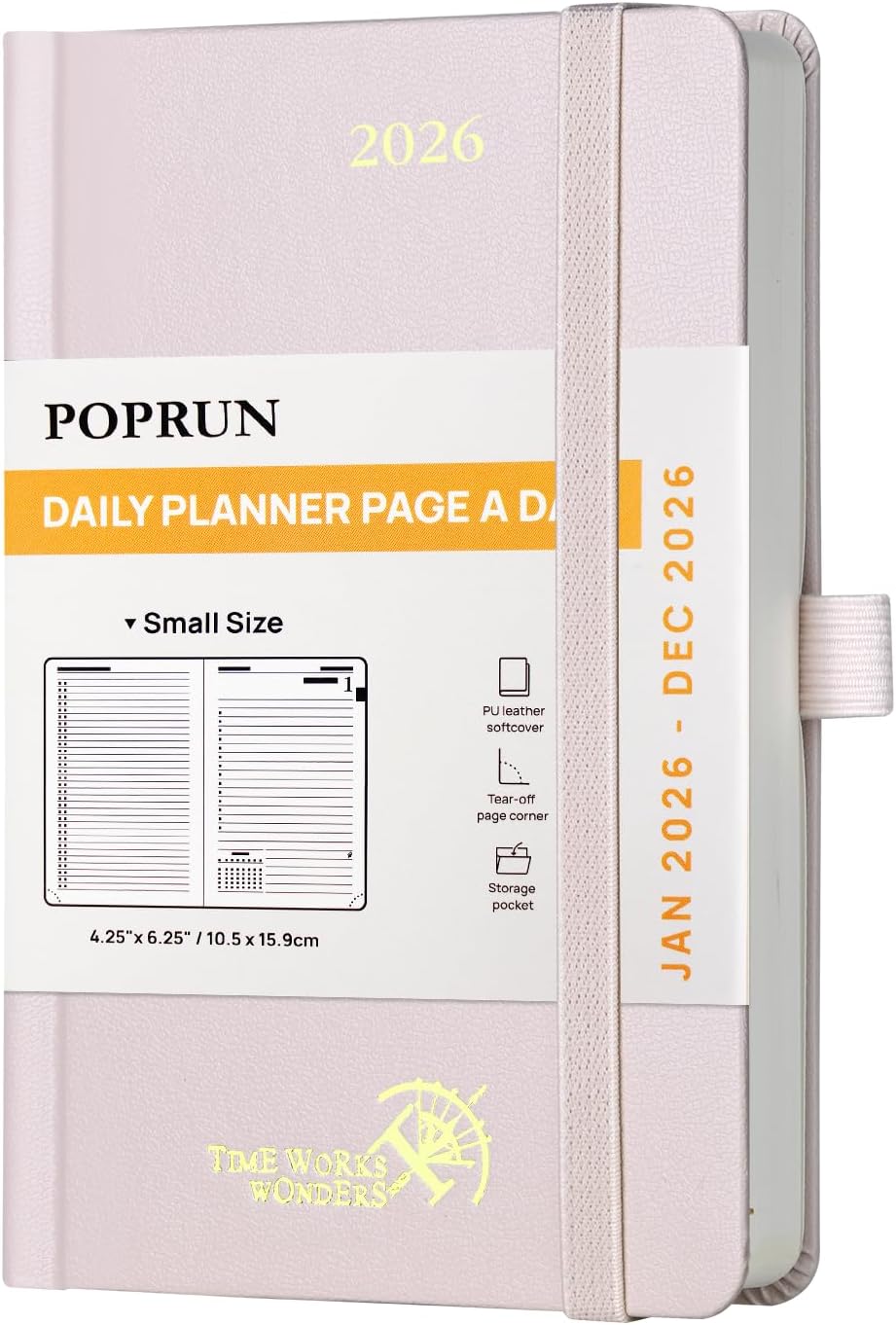 POPRUN 2026 Daily Planner One Page Per Day A6 Size Calendar (4.25 x 6.25) - 12 Months Hourly Appointment Book with Hardcover, Monthly Tabs, Pocket, Pen Holder - Light Pink