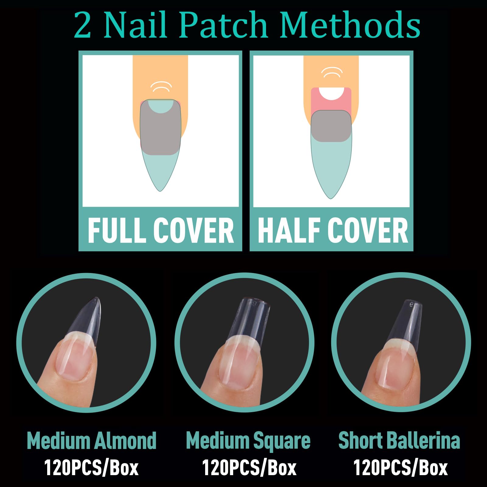 Kit de 3 estilos de puntas de uñas postizas de gel suave, almendra mediana, cuadrada y bailarina, 360 puntas de uñas acrílicas de cobertura completa media mate preformadas, extensión de uñas, salón de 5