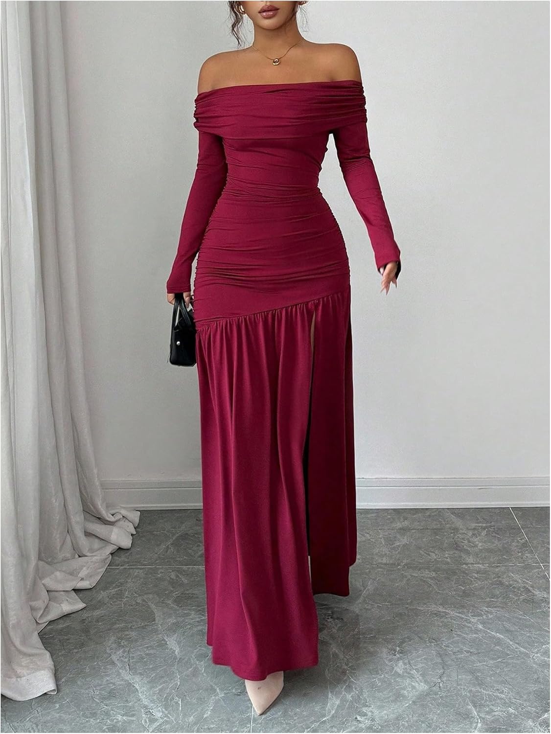 SweatyRocks Women's Off The Shoulder Ruched High Slit Long Sleeve Bodycon Maxi Long Dress - Image 2