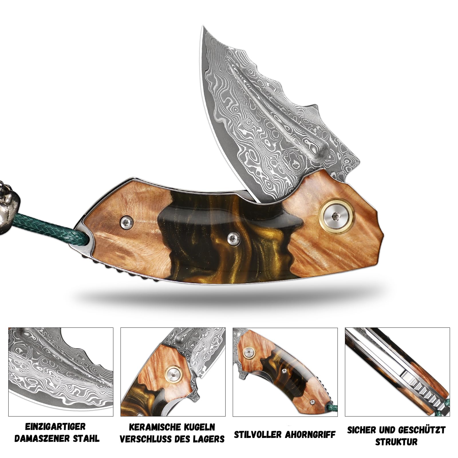 Handmade Japanese Damascus Steel Pocket Knife.Men's and Women's EDC Folding Knife，6cm Sharp blades，With leather sheath，Resin and maple handles，Suitable for hiking adventure, outdoor camping carry, mul