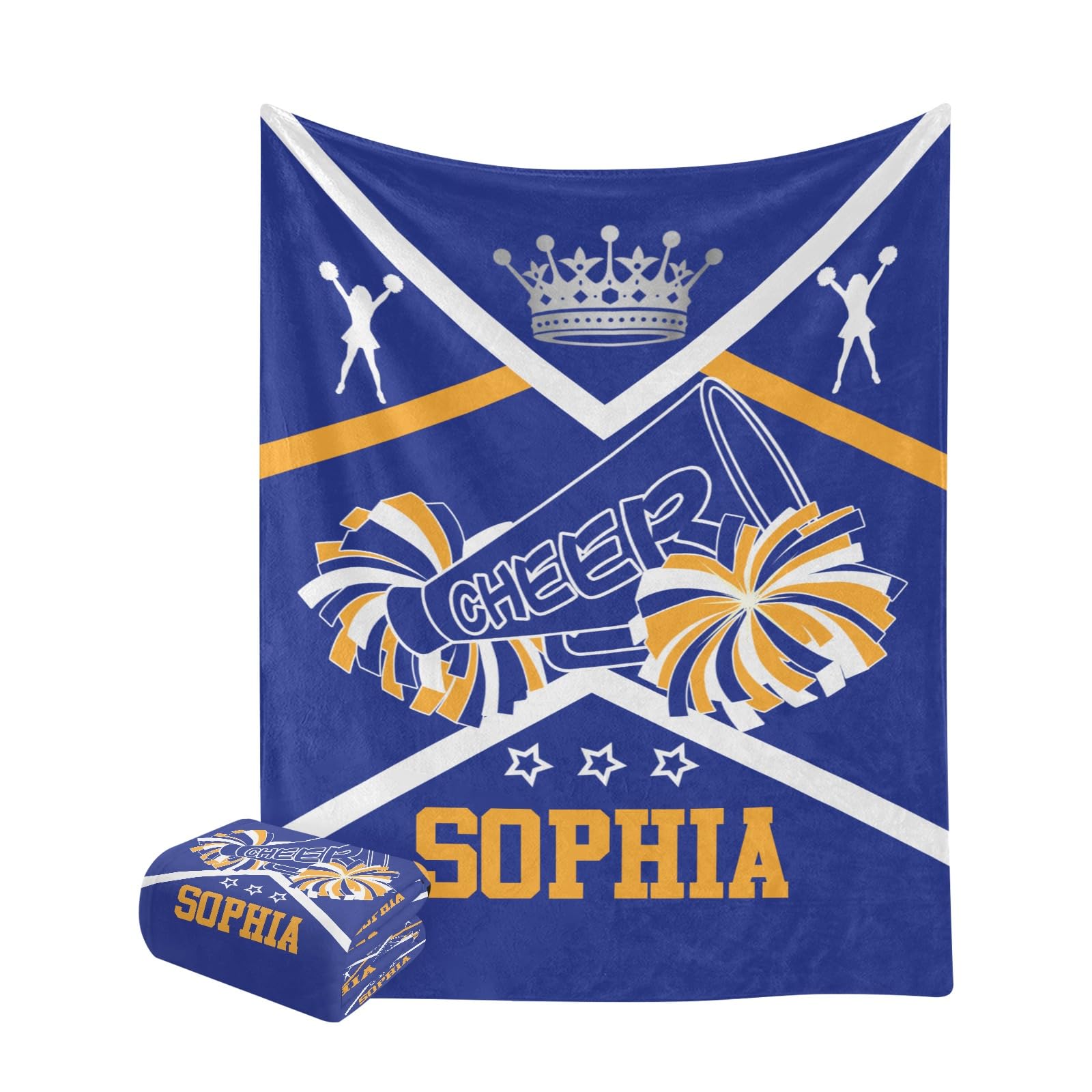 Cheer Blue Yellow Cheerleader Personalized Blanket with Name Super Soft Fleece Throw Blankets for Bed Couch Birthday Wedding Gift 50 x 60 inch