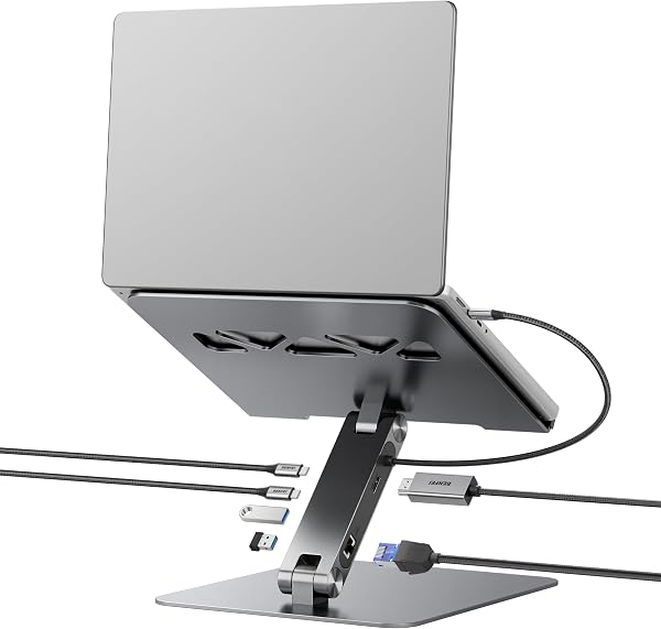 BENFEI Stojak na laptopa ze stacją dokującą USB C 6 w 1, HDMI 4K przy 60 Hz, Gigabit Ethernet, zasilanie 100 W, 10 Gb/s, 1 x USB C 3.2 i 2 x USB A 3.2, kompatybilny z MacBook Pro/Air, iPad Pro, XPS