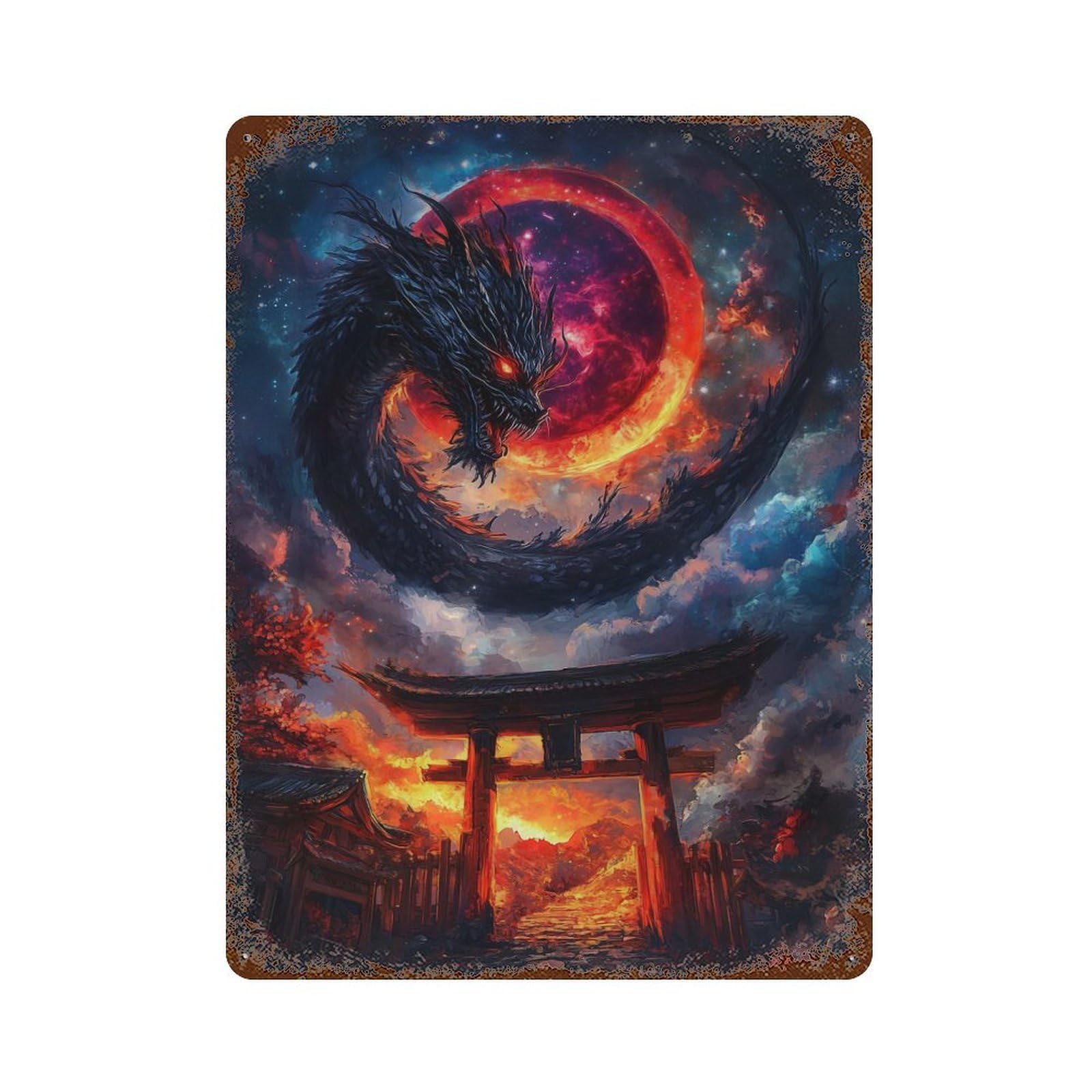 Rust Effect Dragon And Torii Gate Distressed Metal Wall Sign 15.7"x11.8", Decorative Metal Wall Art for Living Room, Hallway And Home Decor