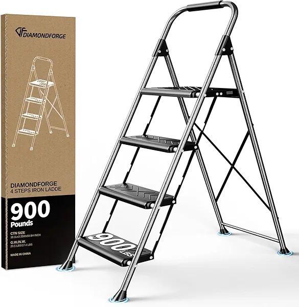 DIAMONDFORGE 4 Step Ladder, Folding Step Stool with Anti-Slip Wide Pedal, Soft Handle, Anti-Slip Feet, Heavy-Duty Steel Construction, 900lbs Capacity Steel Ladder for Home Office, Grey
