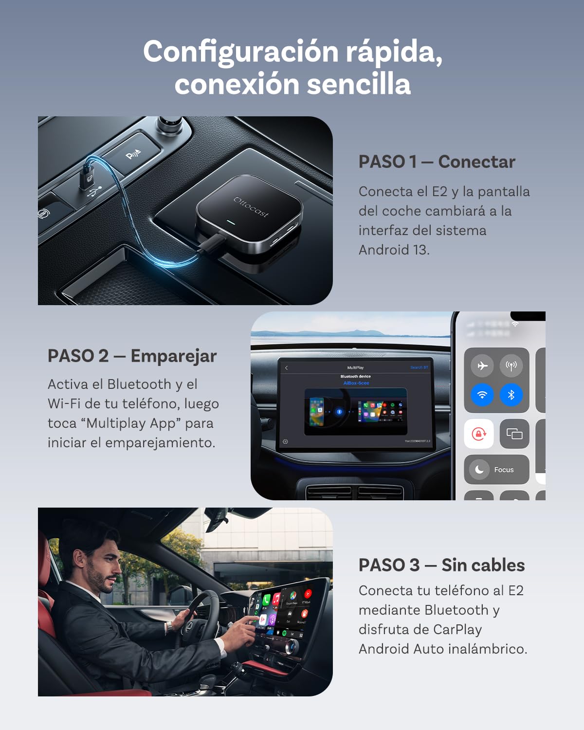 OTTOCAST E2 AI Box, 2026 Mejorada 3 en 1 Adaptador Inalámbrico CarPlay y Android Auto, Android 13 Vídeo Multimedia para Coche con Netflix YouTube, Descarga de Aplicaciones, 4GB+64GB, Actualización OTA