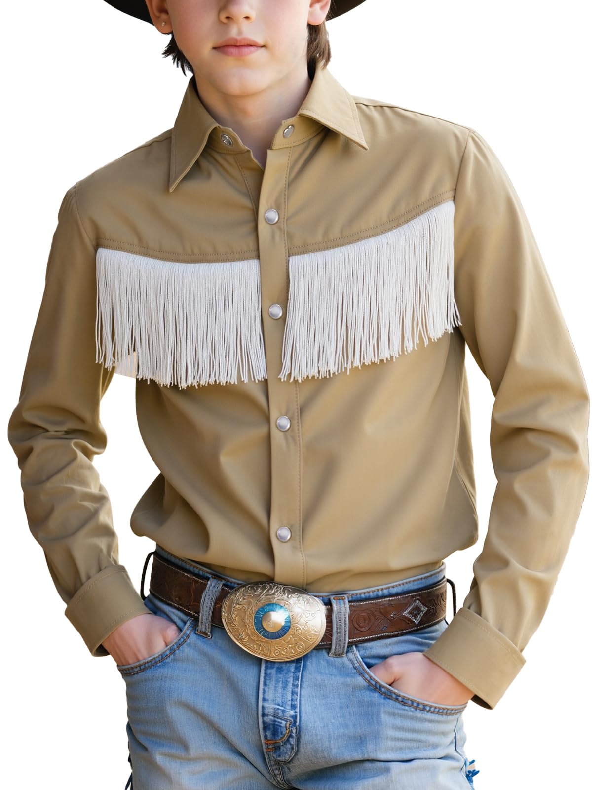 Spring&amp;Gege Western Boys' Button-Down Shirts Long Sleeve, Pearl Snap Shirt with Fringe (5-14 Years)