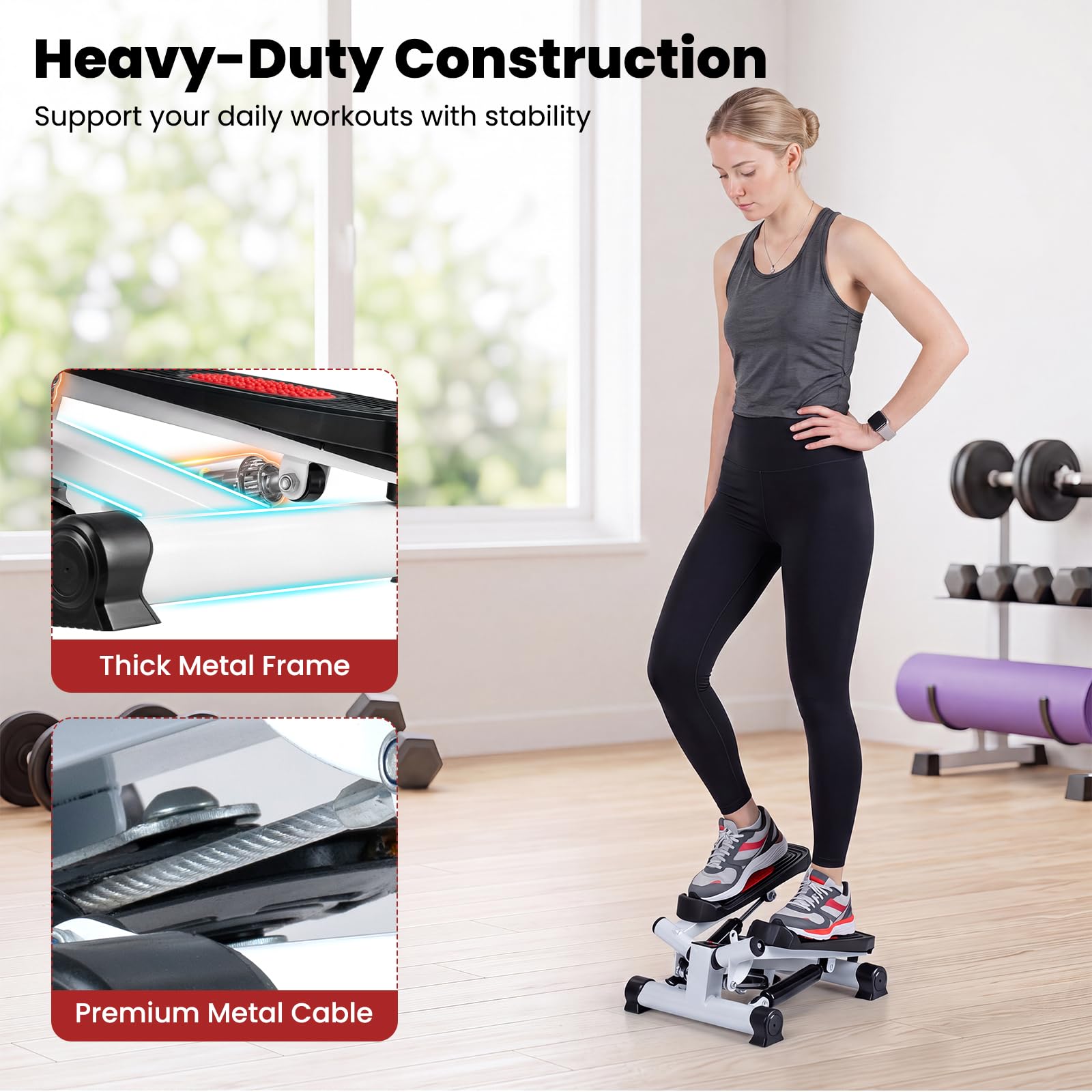 COSTWAY Mini stepper z linami Power Ropes, Swing Stepper obciążenie 150 kg | Stepper 2 w 1 z regulowanym oporem i wyświetlaczem LCD, ciche urządzenie fitness do domu i biura