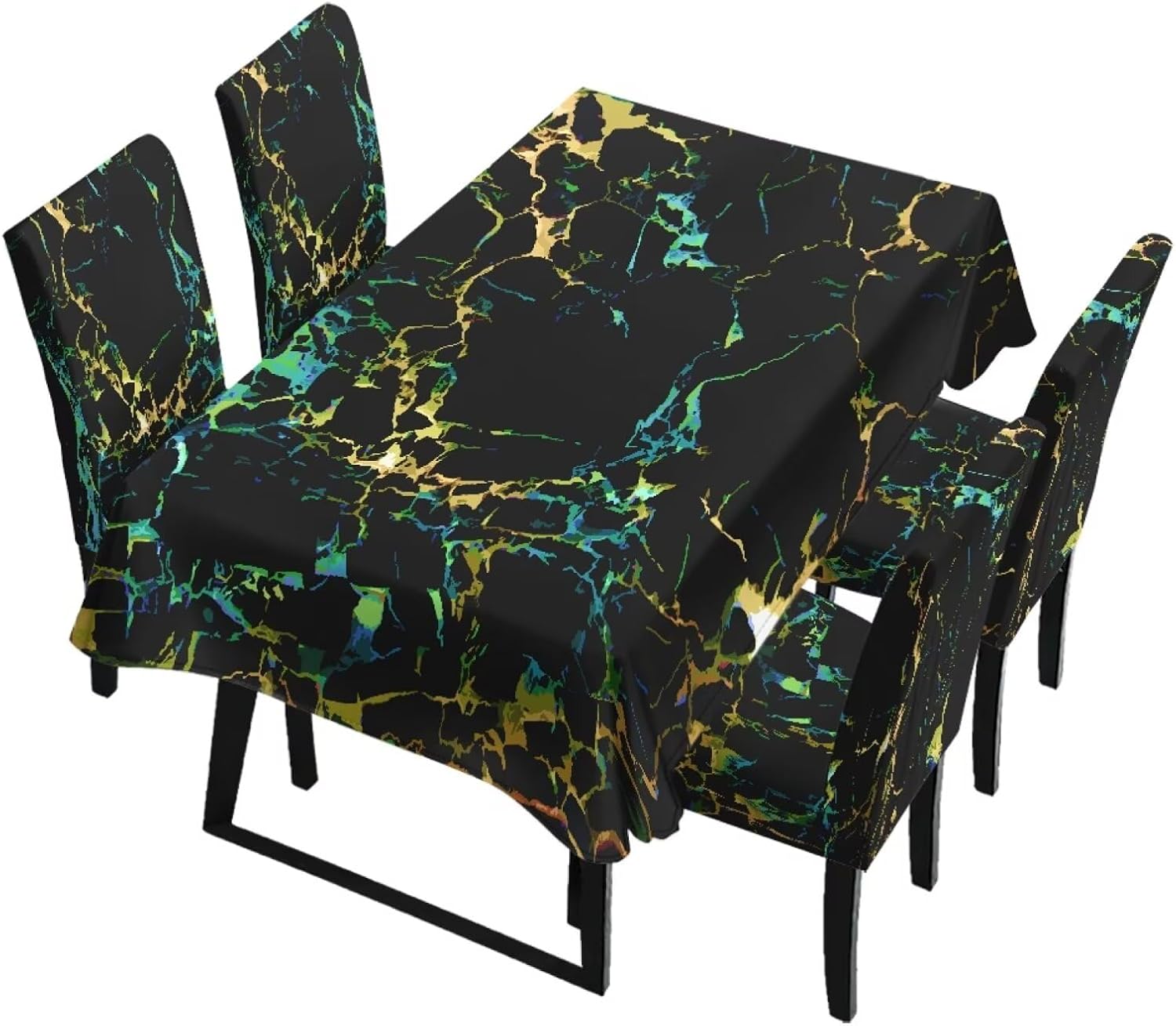5 PCS Dining Chair Covers Set Includes Tablecloths and Kitchen Chair Slipcovers Removable Seat Protector Dust Proof Table Cover for Restaurant Banquet, Black Teal Gold Marble