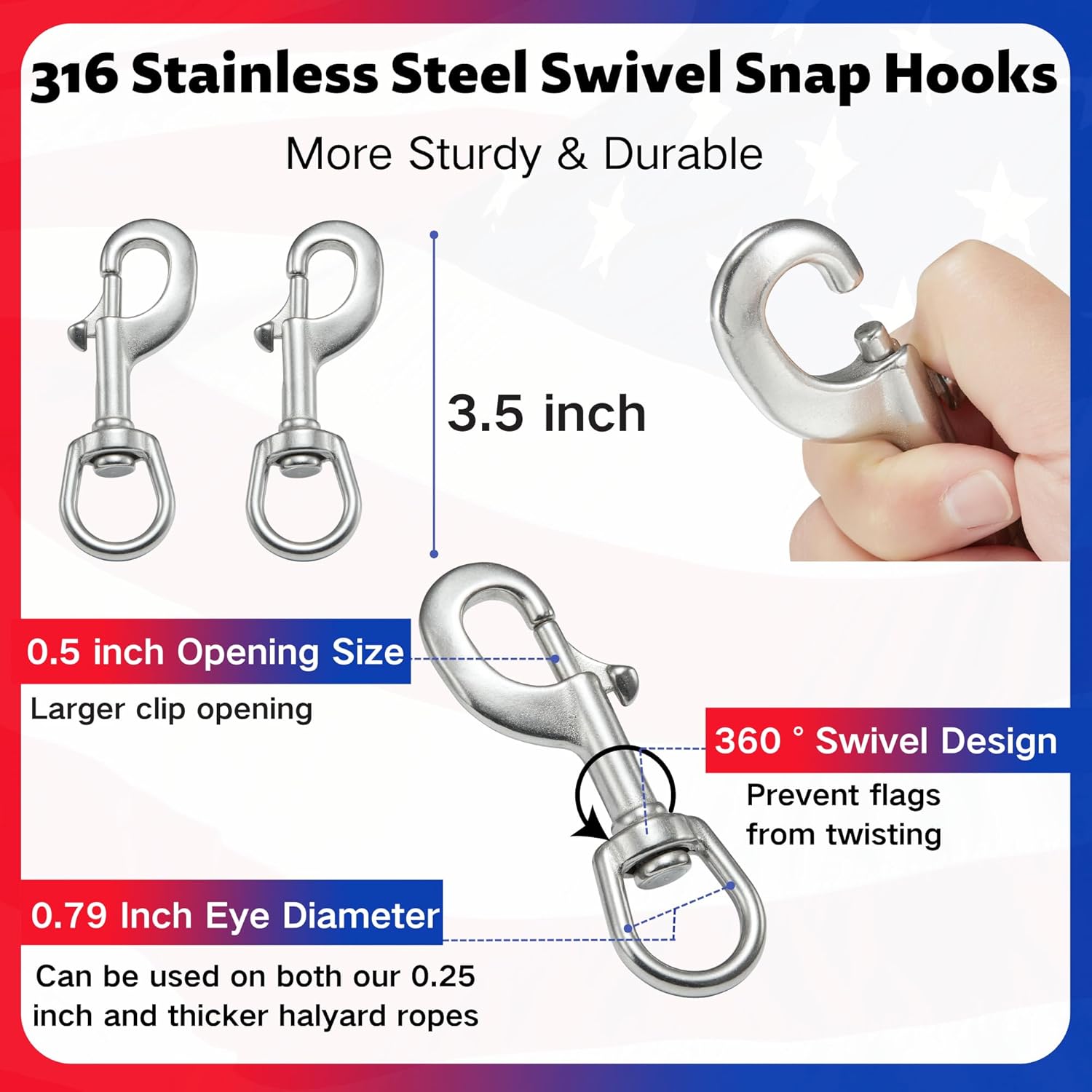 Flag Rope and Clips Kit, 50 Ft Flag Pole Rope Halyard Polyester Rope with Heavy Duty 6" Cleat Hook, Flagpole Retainer Ring and 2 Pcs Stainless Steel Swivel Snap Clips for Flagpoles Up to 25ft