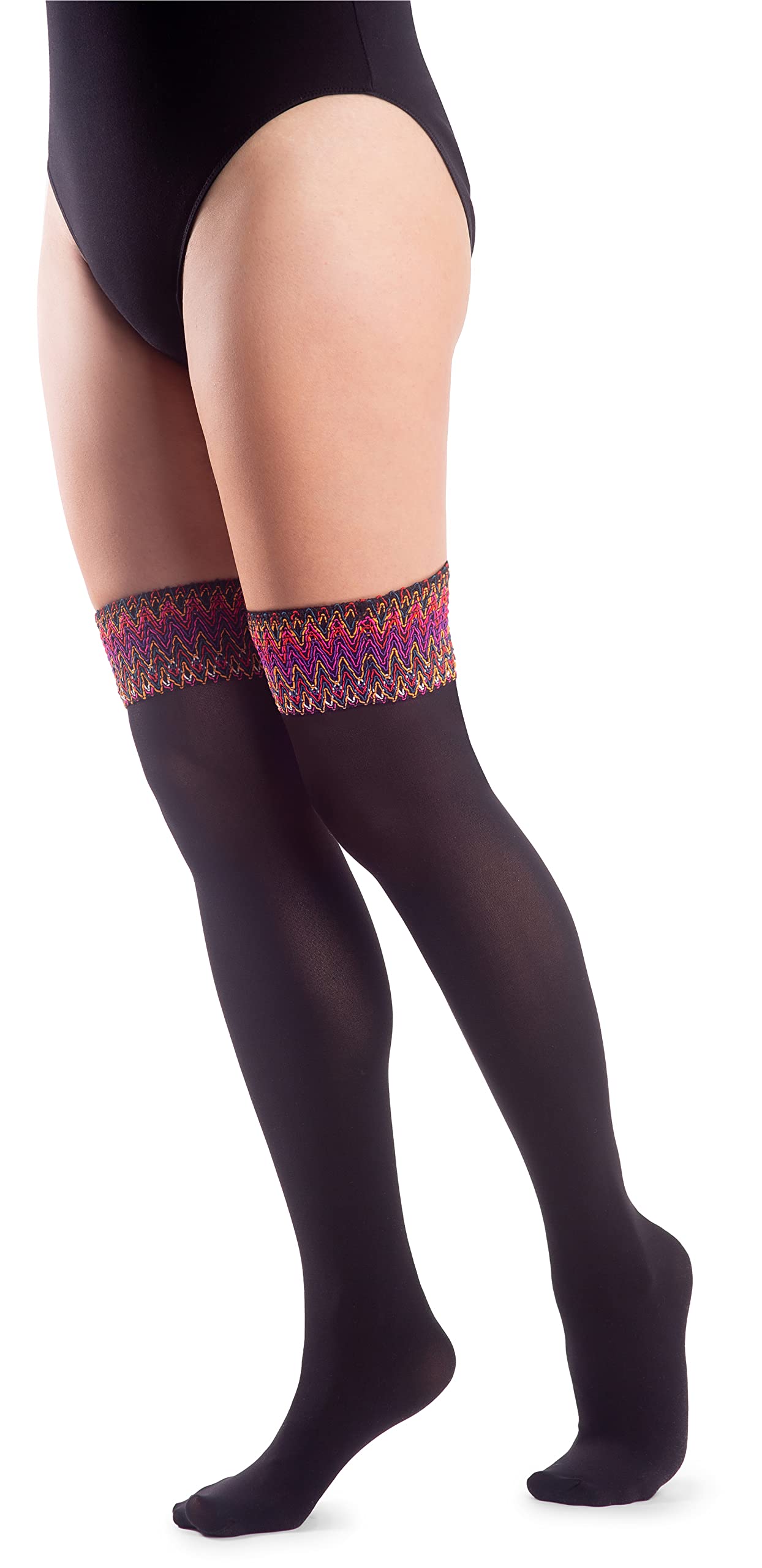 Noq Women's Nero ’S Over The Knee Ethnic Stockings Black High Socks With Coloured Lace Hippie Style 200 Den Fancy Tights Boho
