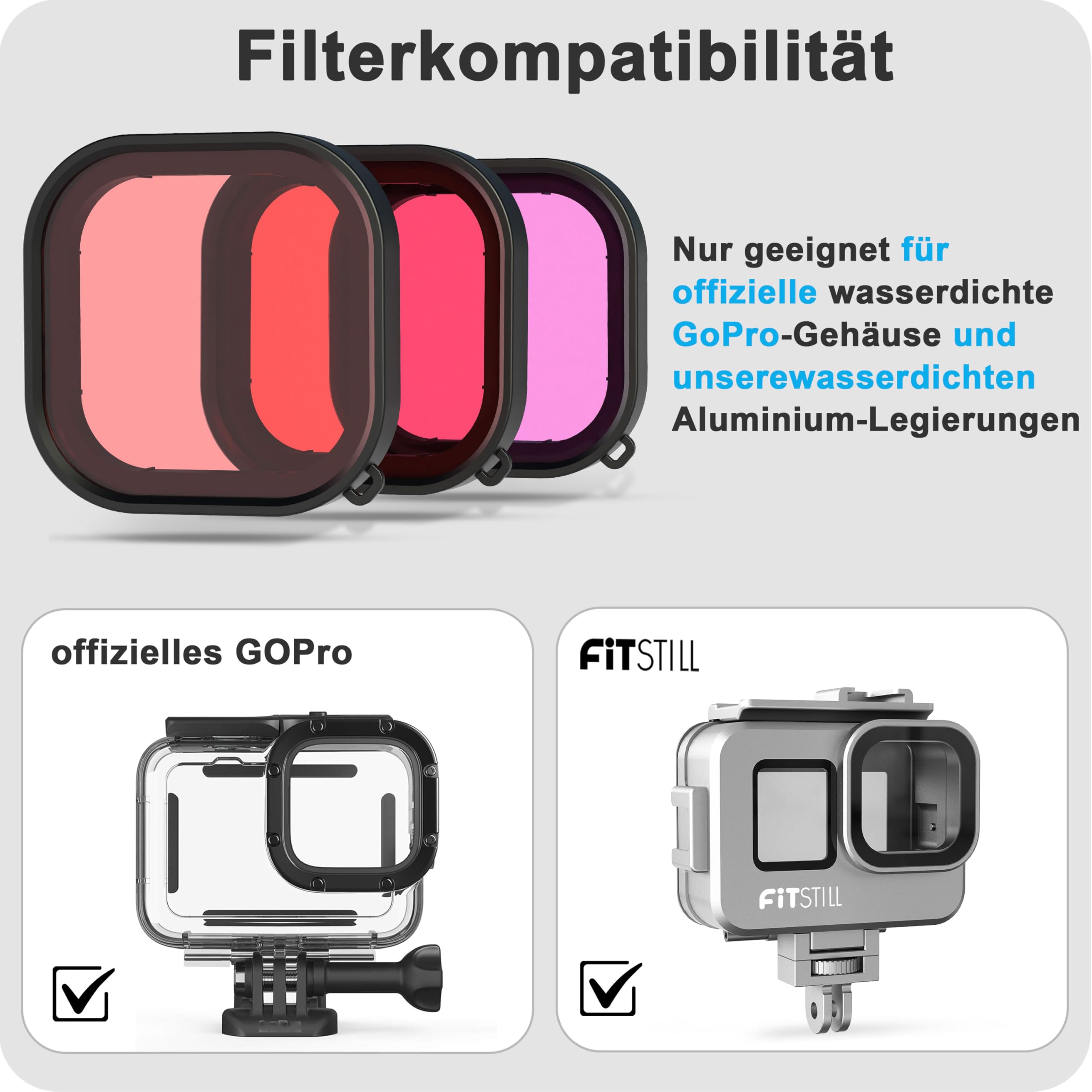 FiTSTILL -Filtro sumergible para la carcasa impermeable oficial Hero 13 12 11 10 9 y la carcasa de aleación de aluminio FiTSTILL Hero 13/12/11/10/9, mejora el color y diversos accesorios