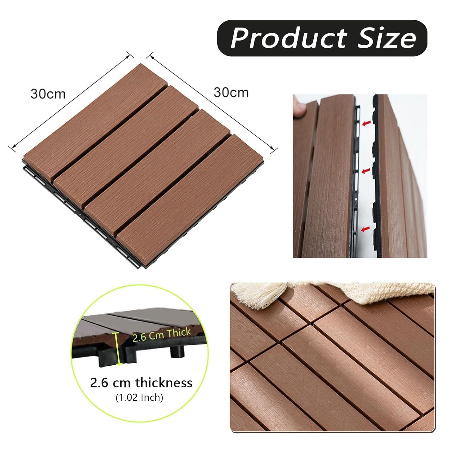 Dalles et lames de terrasse en composite, Tuiles de terrasse emboîtables en bois Bois de café 9/18 pcs(Wood,18 Pcs)