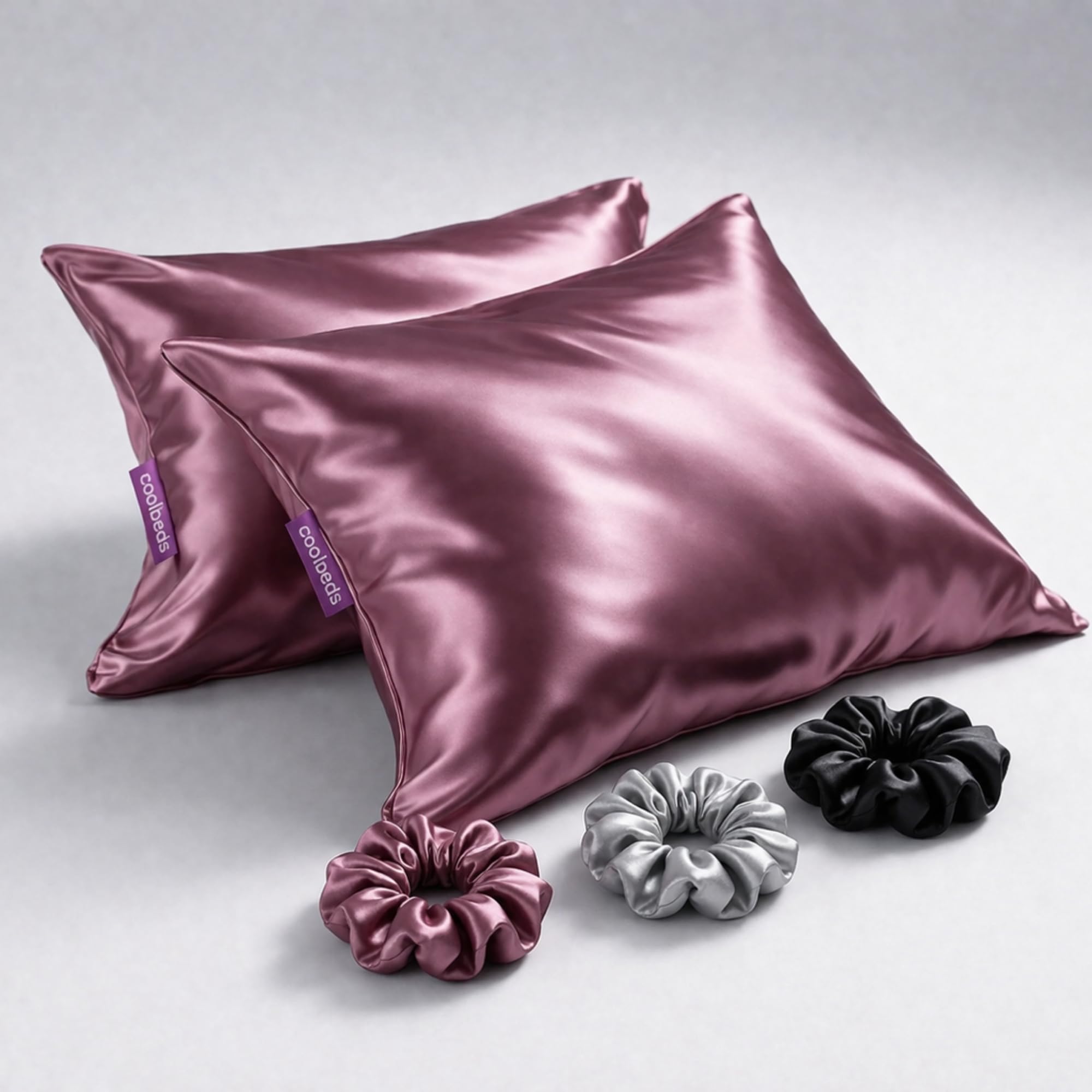 COOLBEDS Satin Pillow Covers for Hair & Skin - Silk Pillow Case Set of 2 with 3 Hair Scrunchies for Women - 400 Thread Count - Envelope Closure (Rosegold)