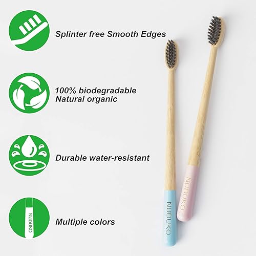 Vista 3 de Cepillos de dientes de carbón de bambú biodegradables, cerdas suaves, ecológicos, sostenibles, sin BPA, orgánicos, compostables, cepillos de dientes