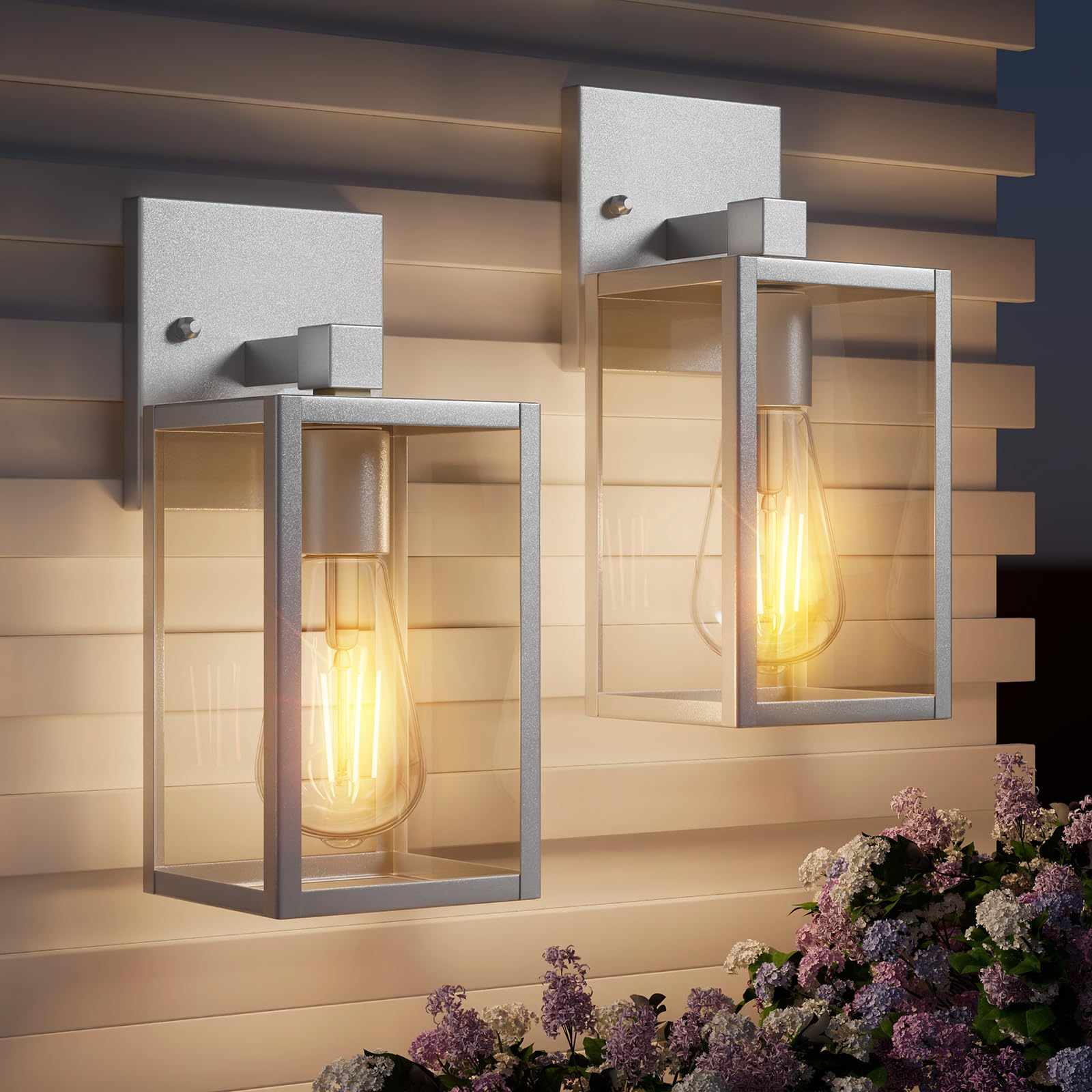 2 Pack Silver Outdoor Wall Sconce Lights Wall Mount, Waterproof Exterior Lighting Fixtures, Outside Front Porch Lights for House, Outdoor Lantern Lamp, Coach Light for Garage Entryway