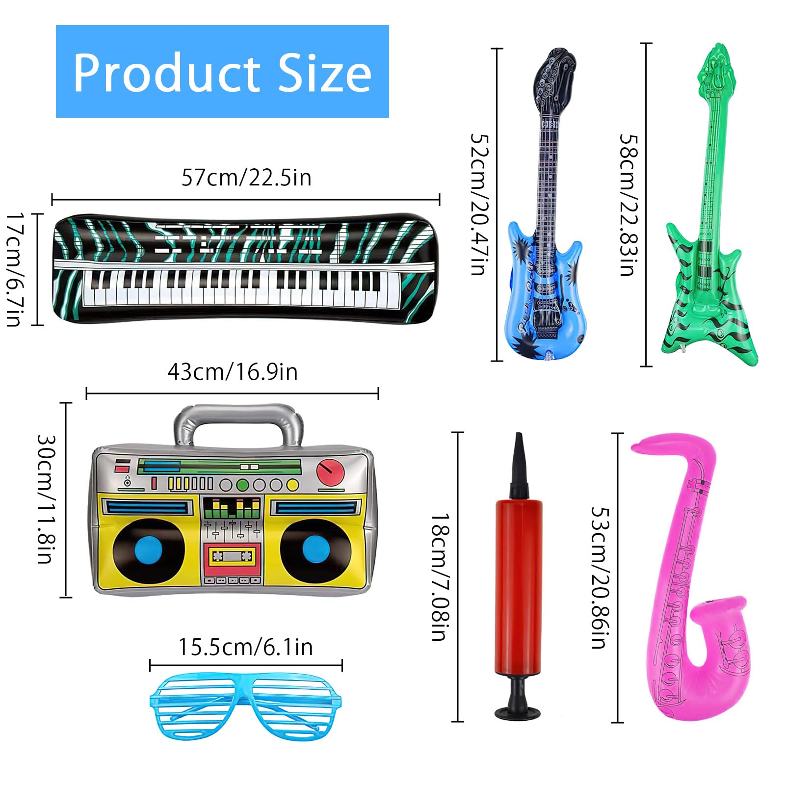 17 Pièces Instruments De Musique Gonflables – Set Rockstar Complet Avec Guitares, Basse, Saxo, Piano, Lunettes & Radio Pour Fêtes Et Carnaval