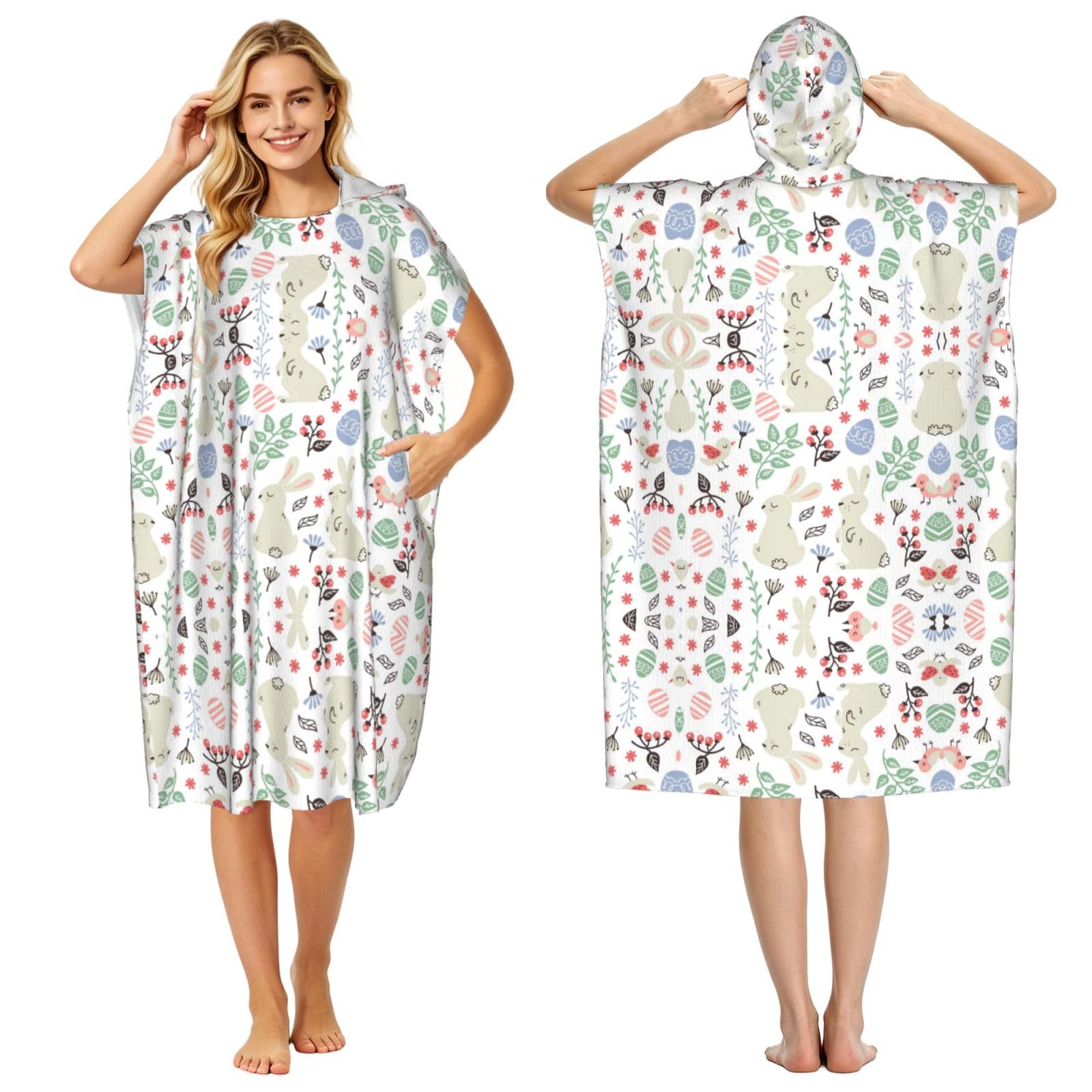 Esnaiuvcd Women's Black Flowers Bunnies Birds Print Changing Robe, Hooded Towel Poncho For Swimming Pool, Beach,Quick Dry & Light Weight Towelling Poncho For Adults Men
