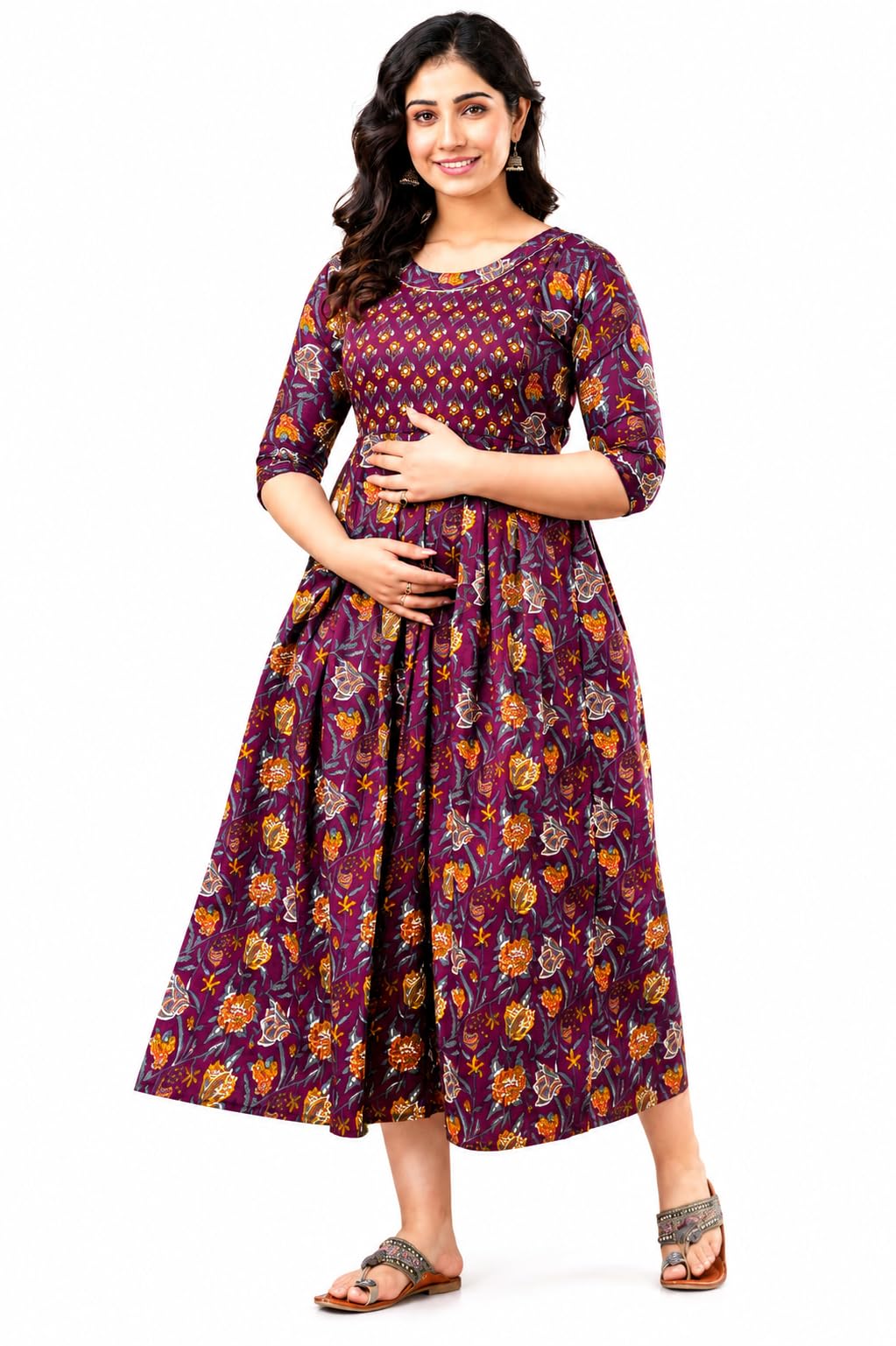 Women's Zipless Maternity Feeding Dress | Printed Anarkali Nursing Dress | Extra Pleats for Pre & Post Pregnancy | Round Neck 3/4 Sleeve | Soft & Comfortable Wine-image-48