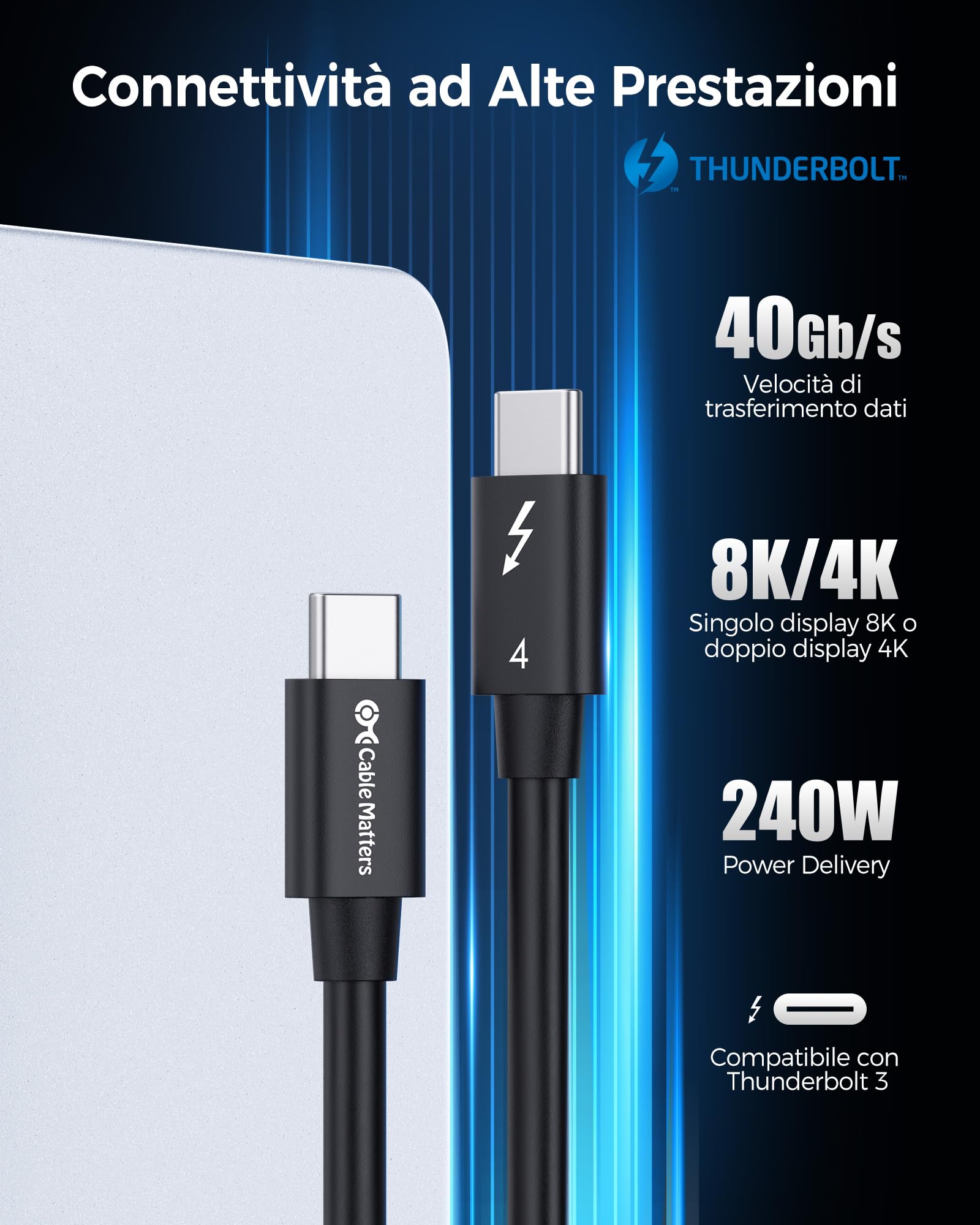 Cable Matters [Certificato Intel] Cavo Thunderbolt 4 da 40 Gbps con video 8K e ricarica da 240 W da 1 m - Retrocompatibile con Thunderbolt 3, USB4, USB-C