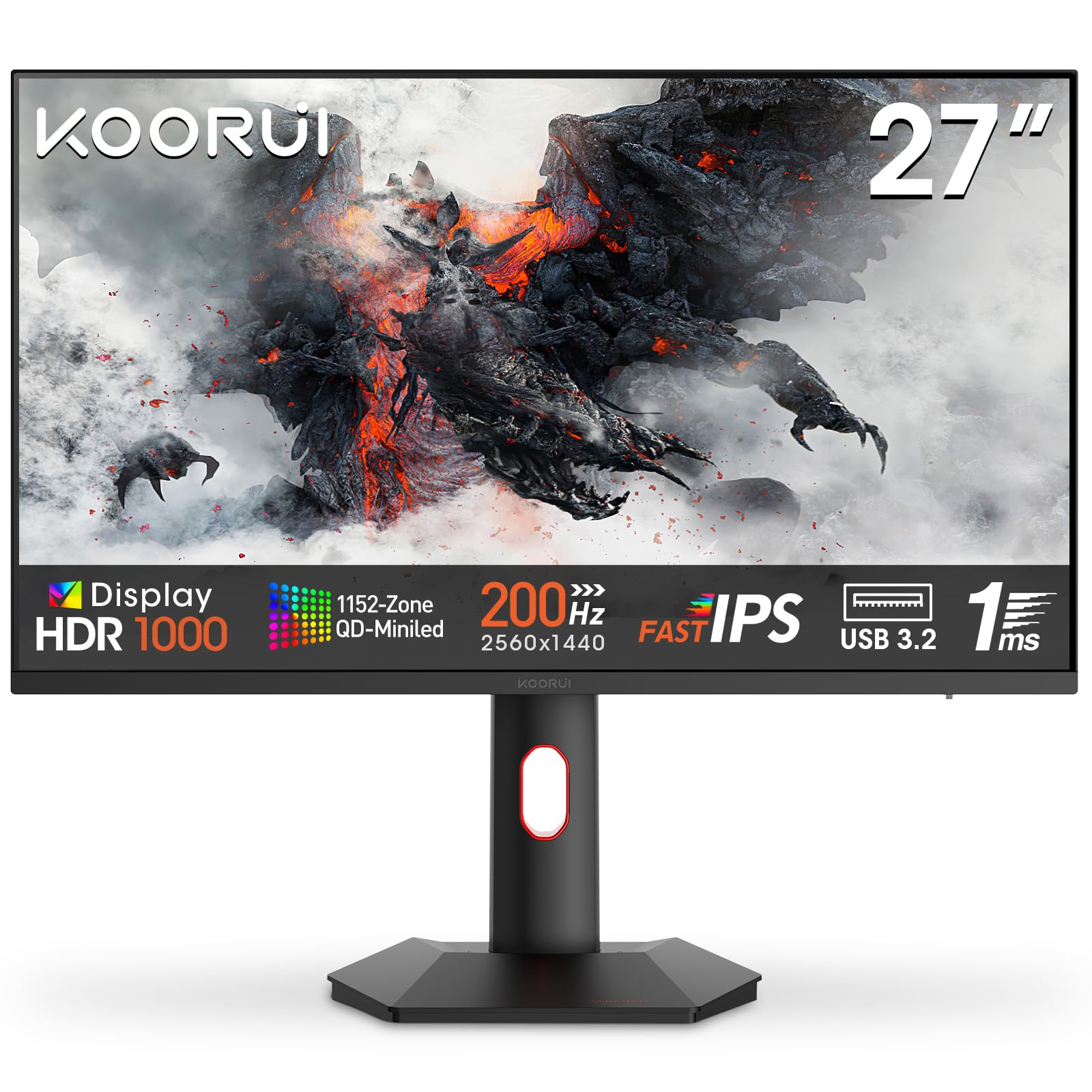 KOORUI Monitor, 27” 1ms 200Hz Gaming Monitor, Mini-LED Panel- 1440P WQHD 300000:1 Contrast Ratio Computer Screen, HDR 1000 Display, 97% DCI-P3, Tilt Adjustable, HDMI/DP, Eye Care