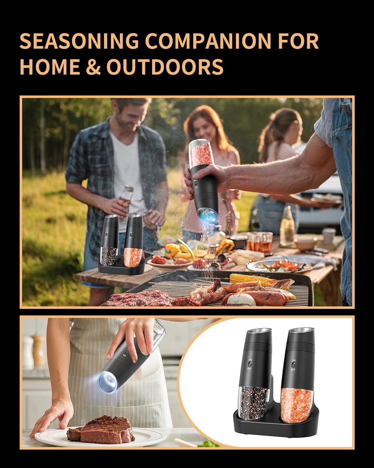 CIRCLE JOY Gravity Electric Salt and Pepper Grinder Set Automatic Shakers Upgraded Pepper Mill with Rechargeable Base, External Adjustable Coarseness, LED Light, Easy Refill for Kitchen & Outdoor