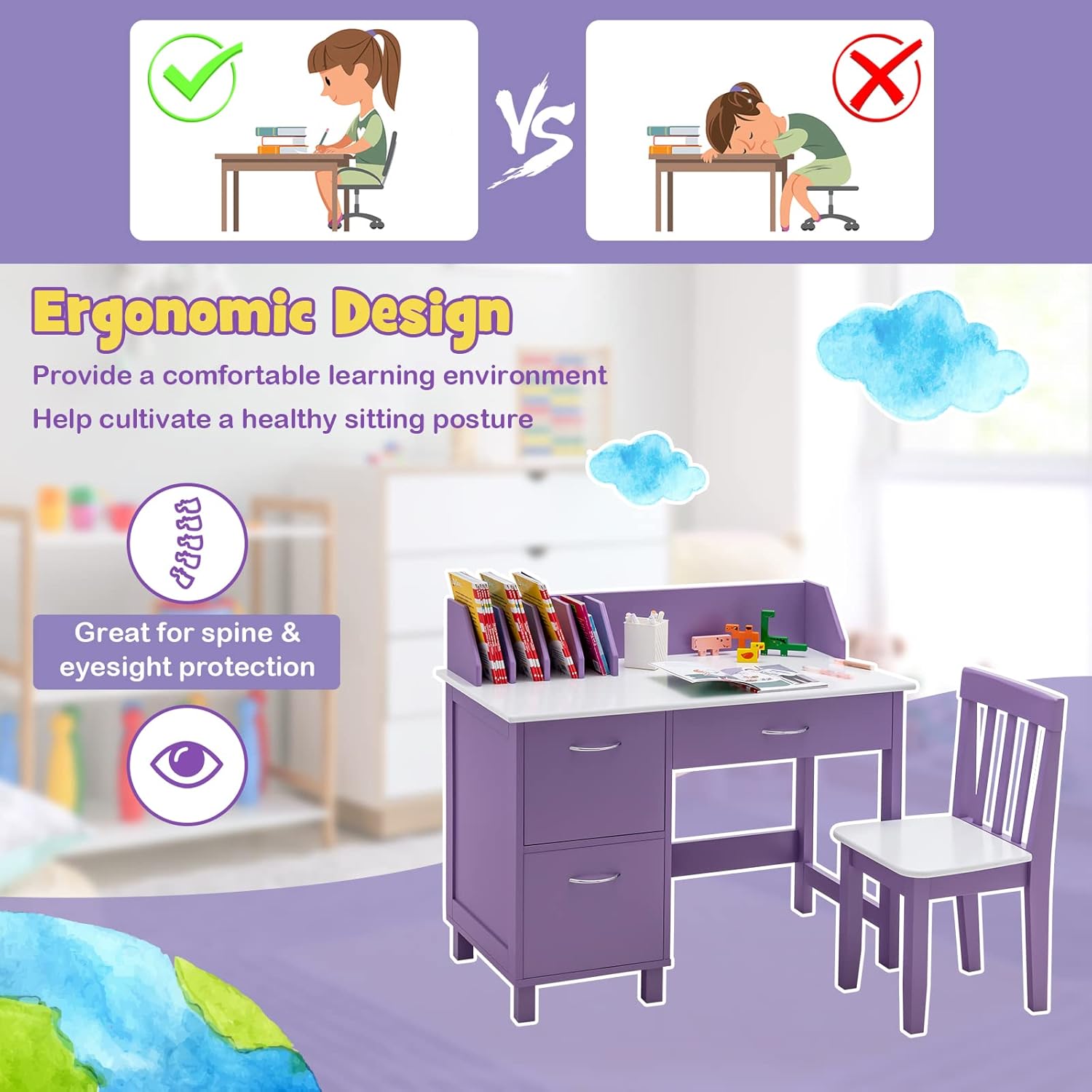 HONEY JOY Kids Desk and Chair Set, Wooden Children School Study Table and Chair w/Drawer, Storage Shelf & Cabinets, Student Computer Workstation Writing Desk for Bedroom, 3-8 Years Old (Purple)