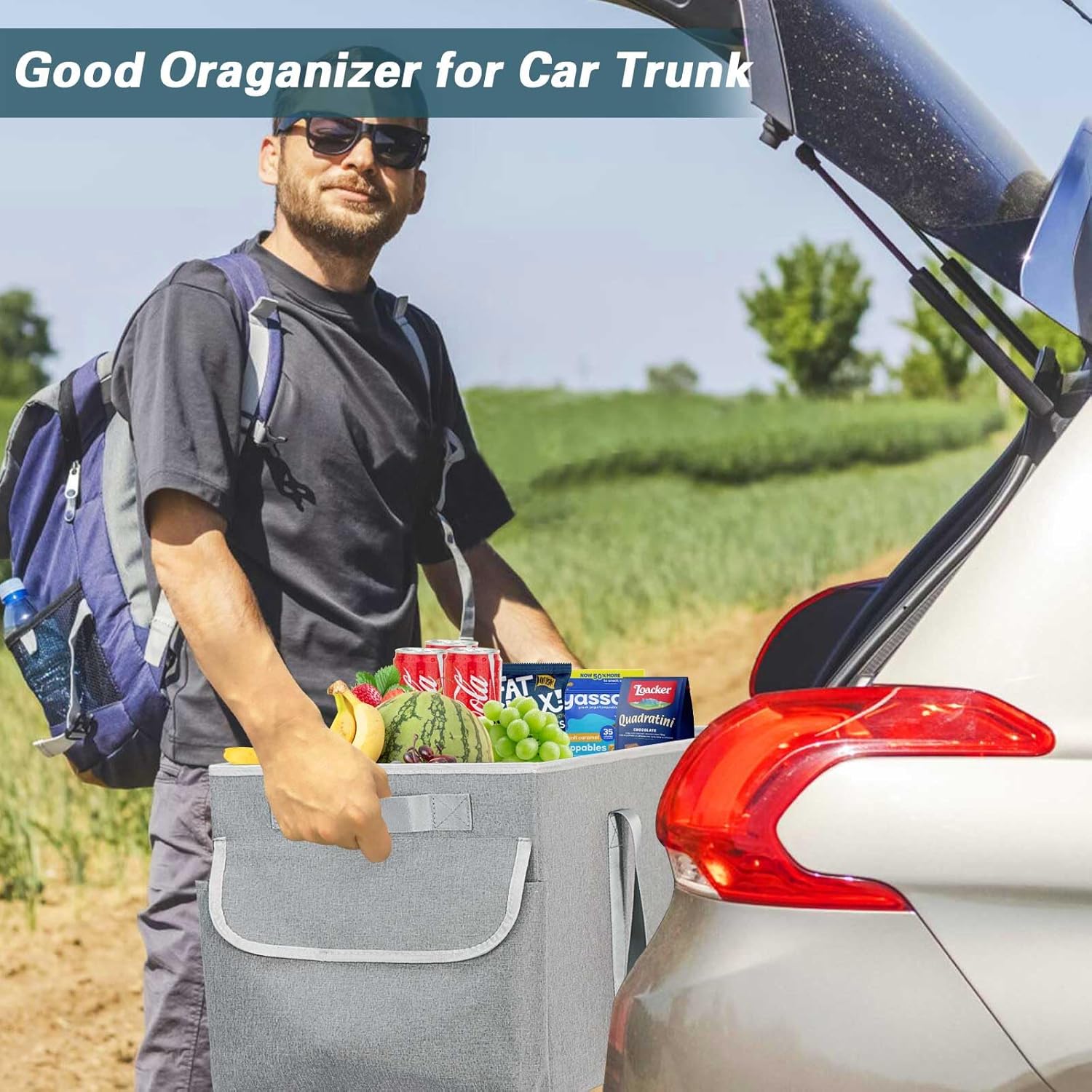 Standing Extra Large Utility Tote Bag with Hard Bottom & Hard Sides, Heavy Duty Reusable Grocery Bags with Handles & 3 Pockets for Shopping, Beach, Picnics, Car (22.5"x11"x12", Grey) - Image 2