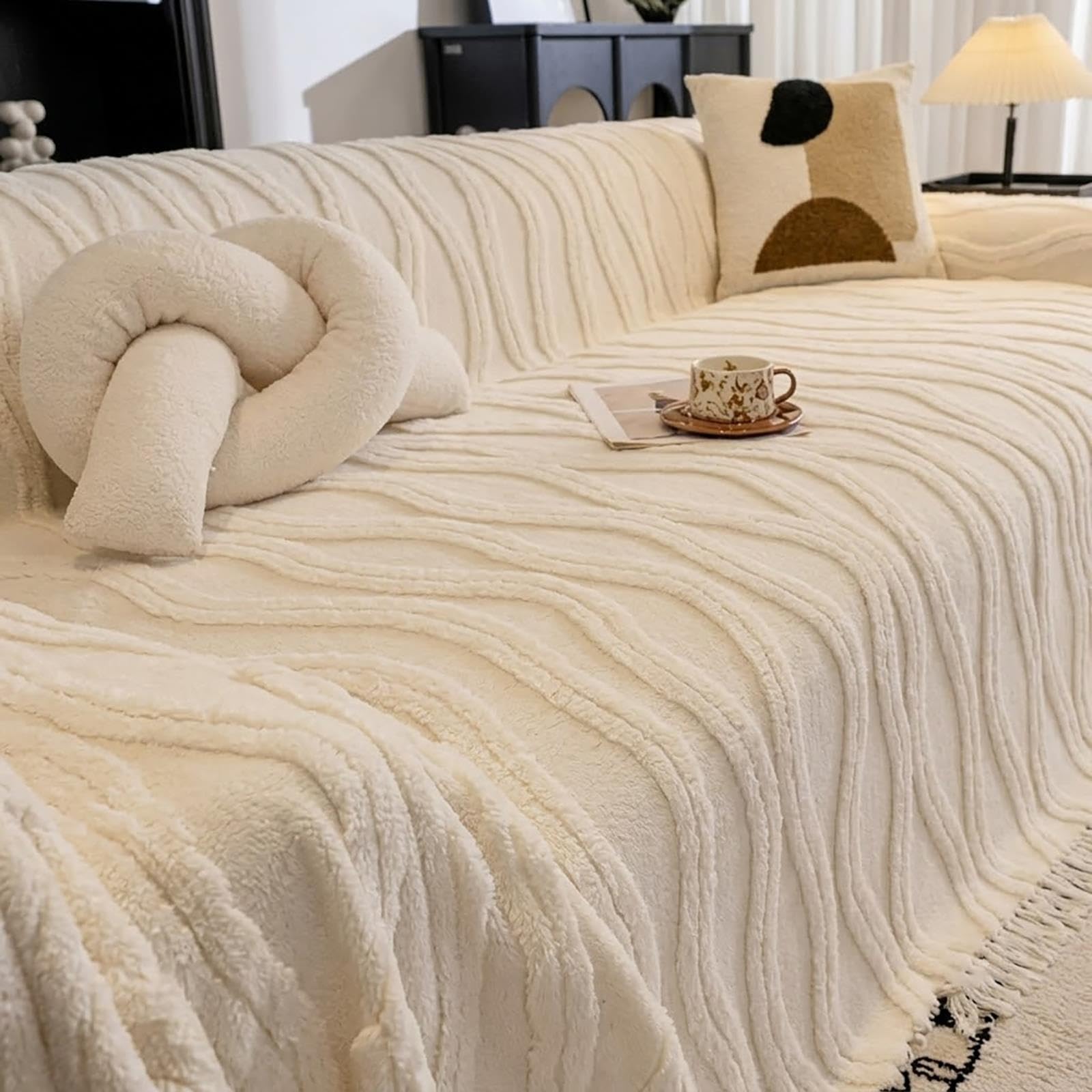 Housse de canapé crème Effet Peluche – Protège-canapé matelassé, antidérapant et Lavable pour Chiens(White,G)