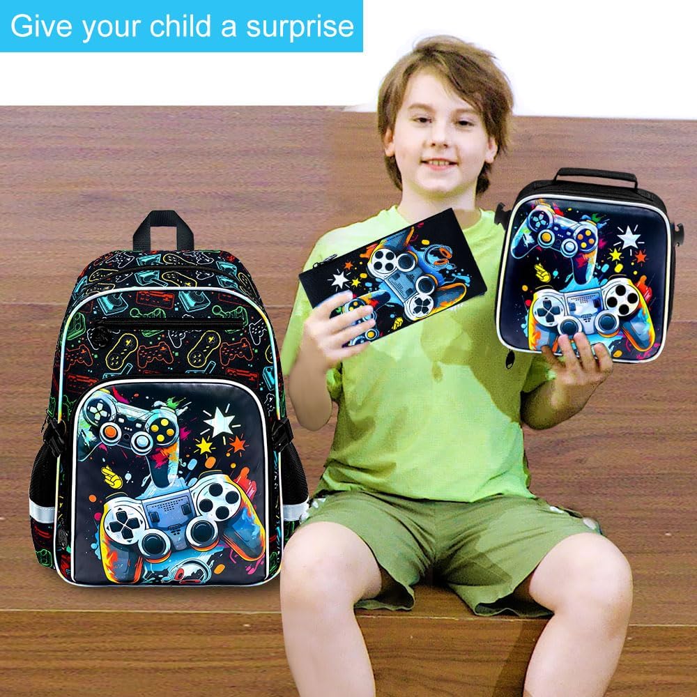 UFNDC Kids Backpack for Boys, 3PCS Bookbag Set with Clip-On Lunch Box, Water Resistant Game School Bag for Elementary Preschool Toddler, CLIP & GO!