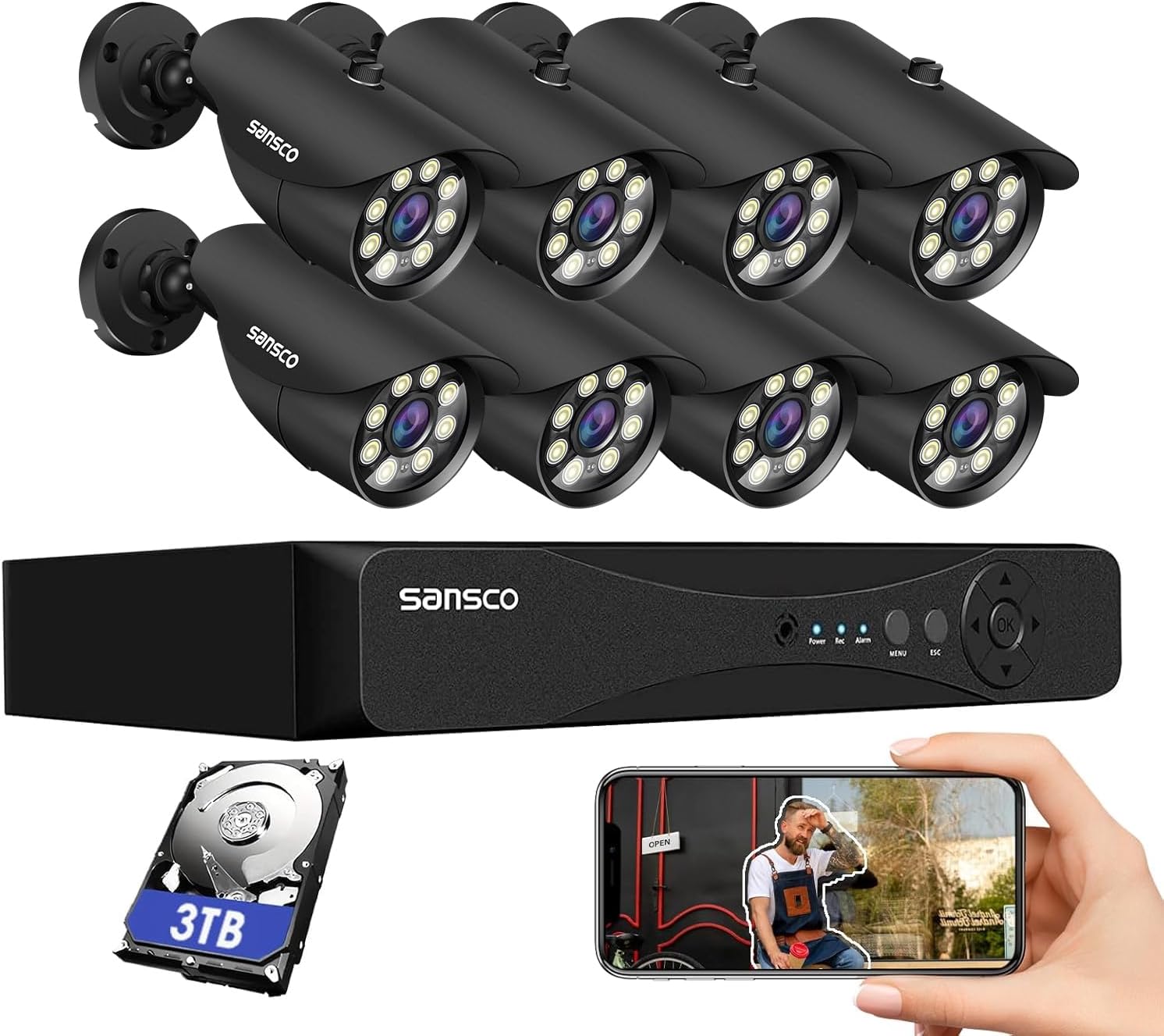 SANSCO 3K 8CH CCTV Security Camera System, 8 Channel DVR 3TB Hard Drive 24/7 Recording, 8 x 5MP Surveillance Bullet Camera Outdoor, Color Night Vision, Human Face Vehicle Detection, APP/Email Alert