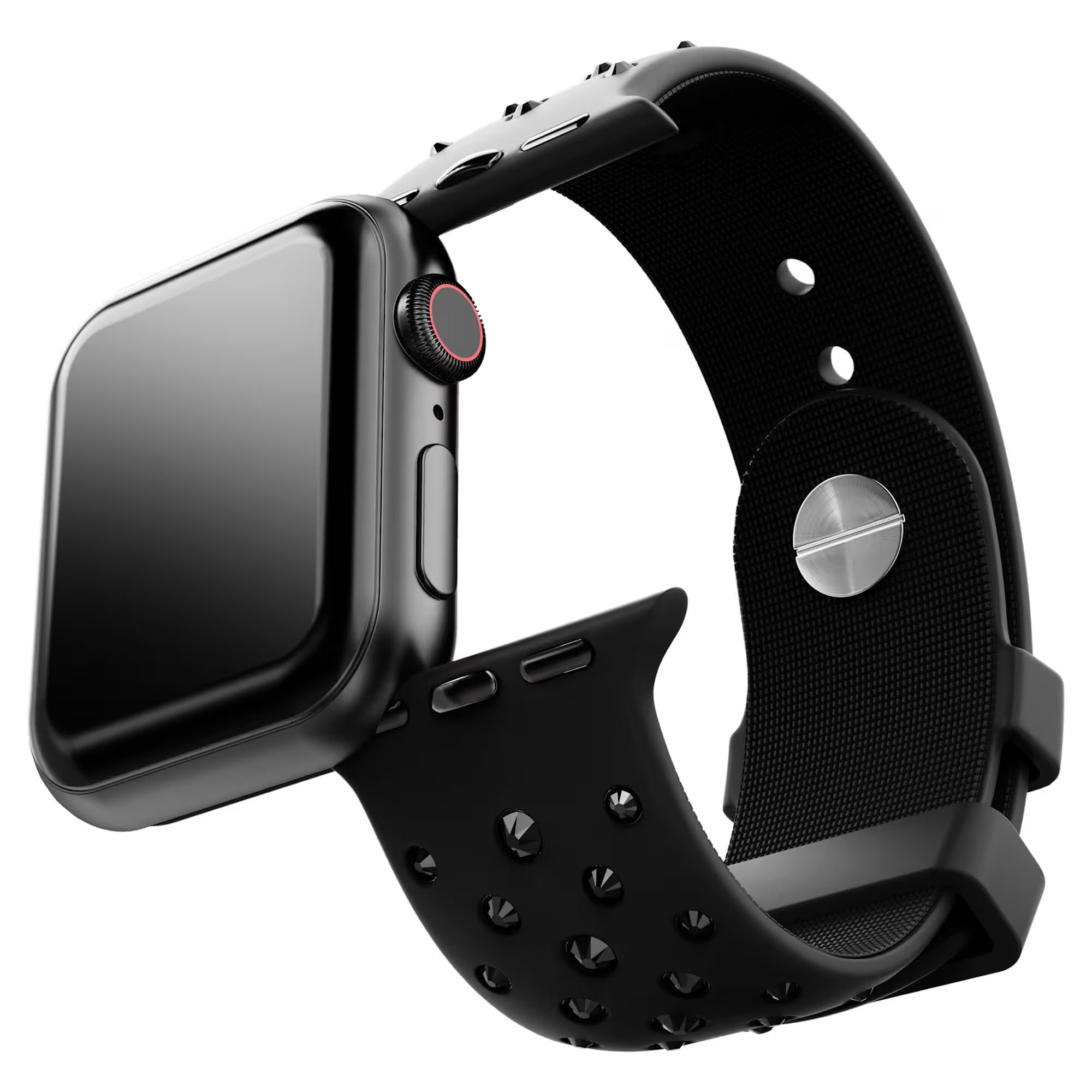 Swarovski Bracelet de montre compatible avec Apple Watch, en silicone avec surpiqûres, acier inoxydable (noir)