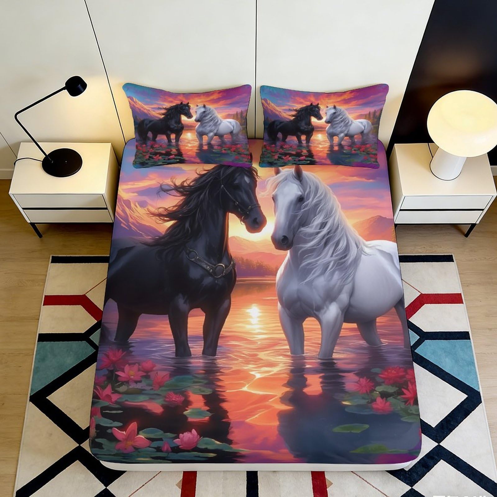 3D Printed Sunset Horses Fitted Sheet Microfiber Soft Decorative Wild Stallion Bed Cover for Bedroom Guest Room 90x200x25cm