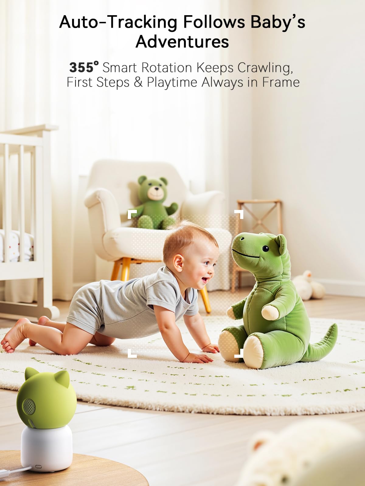 Outinput Moniteur de bébé intelligent 2K 4MP – Moniteur de bébé PTZ WiFi à 355° avec caméra et vision nocturne, détection de pleurs, détecteur de mouvement et suivi, rappel d'alimentation