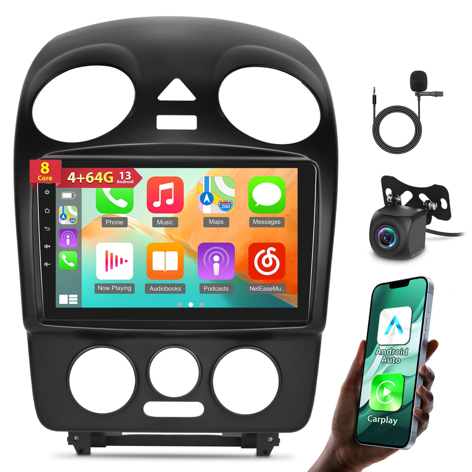 8 Core [4G+64G] Car Radio for Volkswagen VW Beetle 2004 2005 2006 2007 2008 2009 2010 - Android 13 Touch Screen Stereo, DSP 32 EQ/IPS Screen/Carplay/Android Auto/SWC/Bluetooth 5.0/WiFi