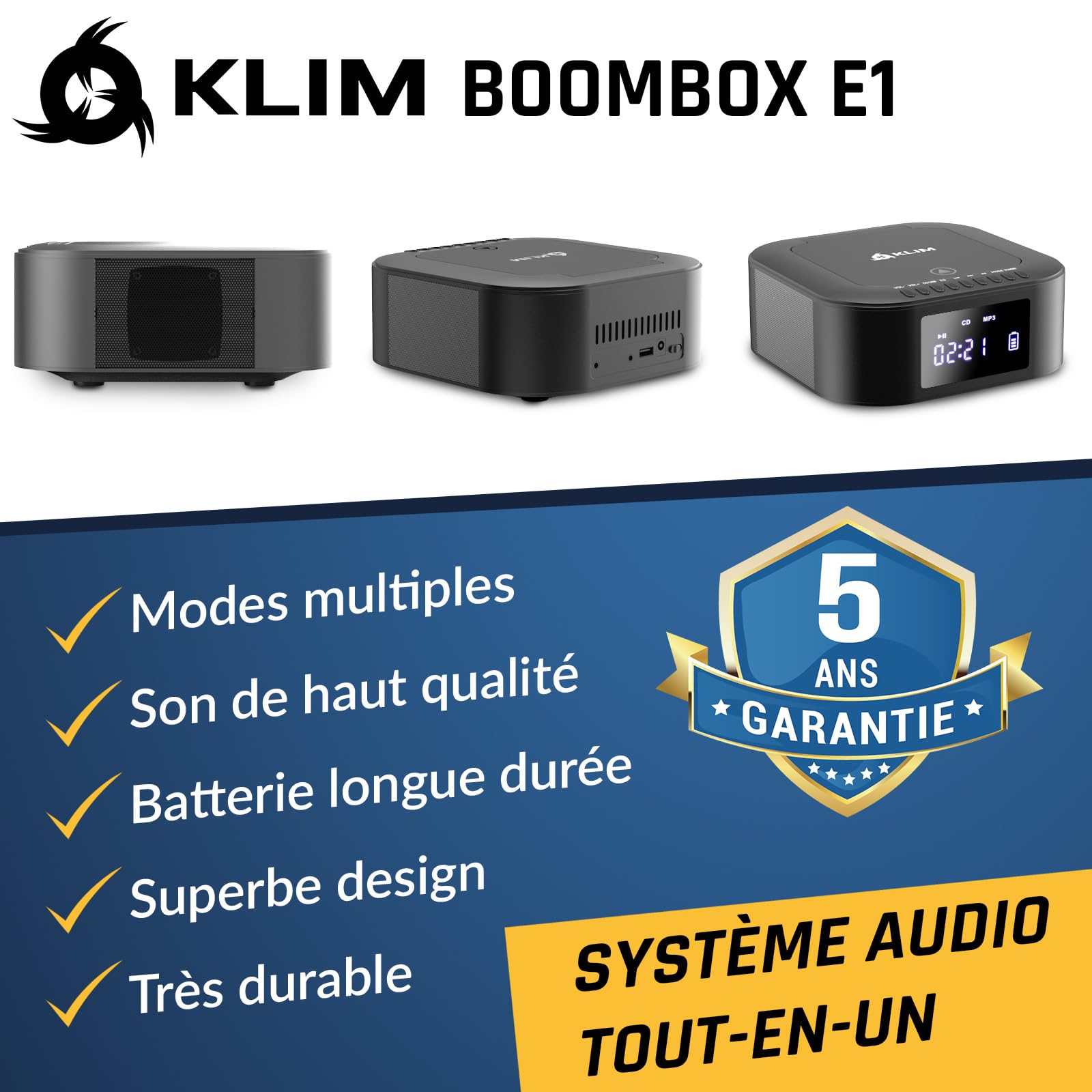 KLIM Boombox E1 avec Pochette CD - Poste Radio CD Portable - Extra Bass avec Subwoofer - Radio FM, Bluetooth, USB, Bluetooth, MP3 - Mode Filaire et sans Fil avec Piles Rechargeables - Télécommande