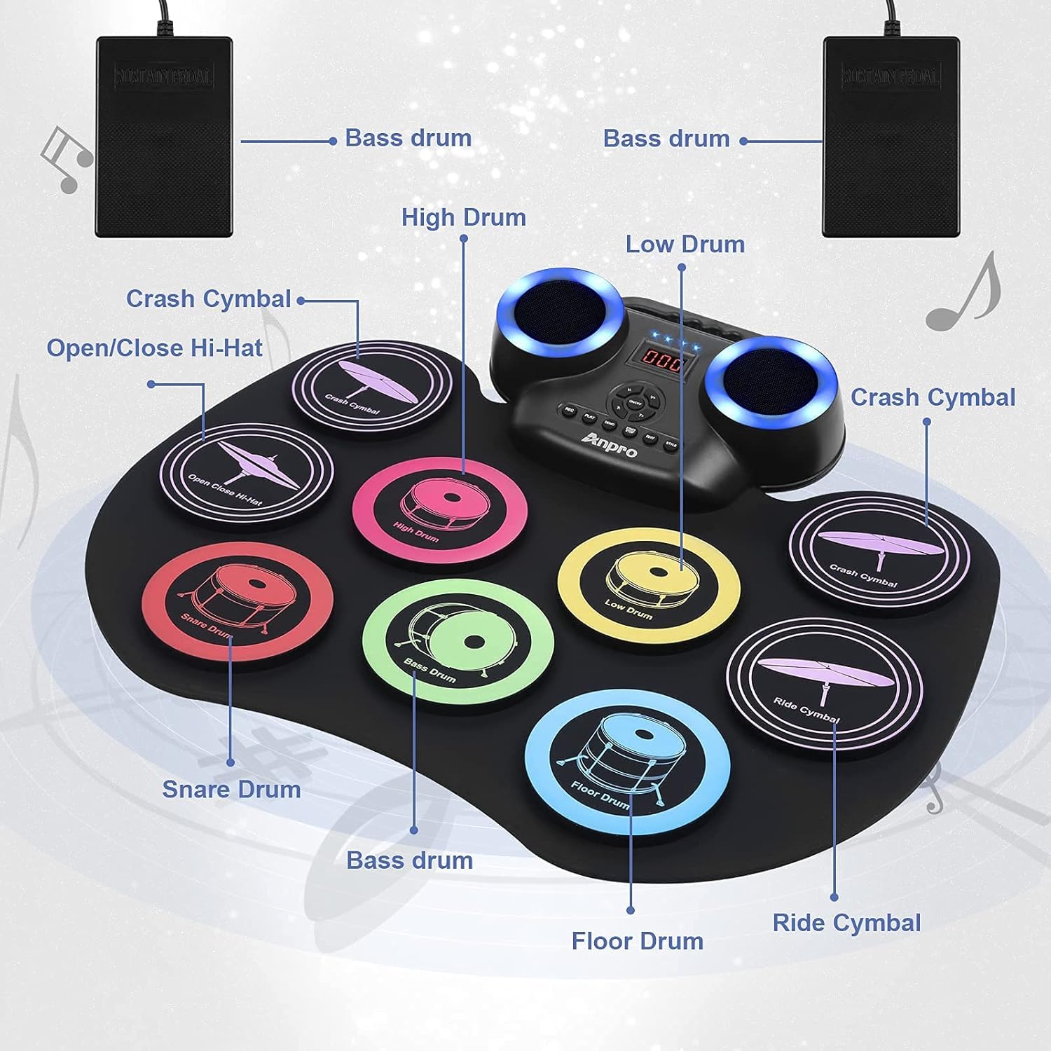 Anpro Batteria Elettronica Digitale Tamburo Set, 9 Drum Pads con 2 Bacchette Pedali, Schermo LED, Portatile Pieghevole