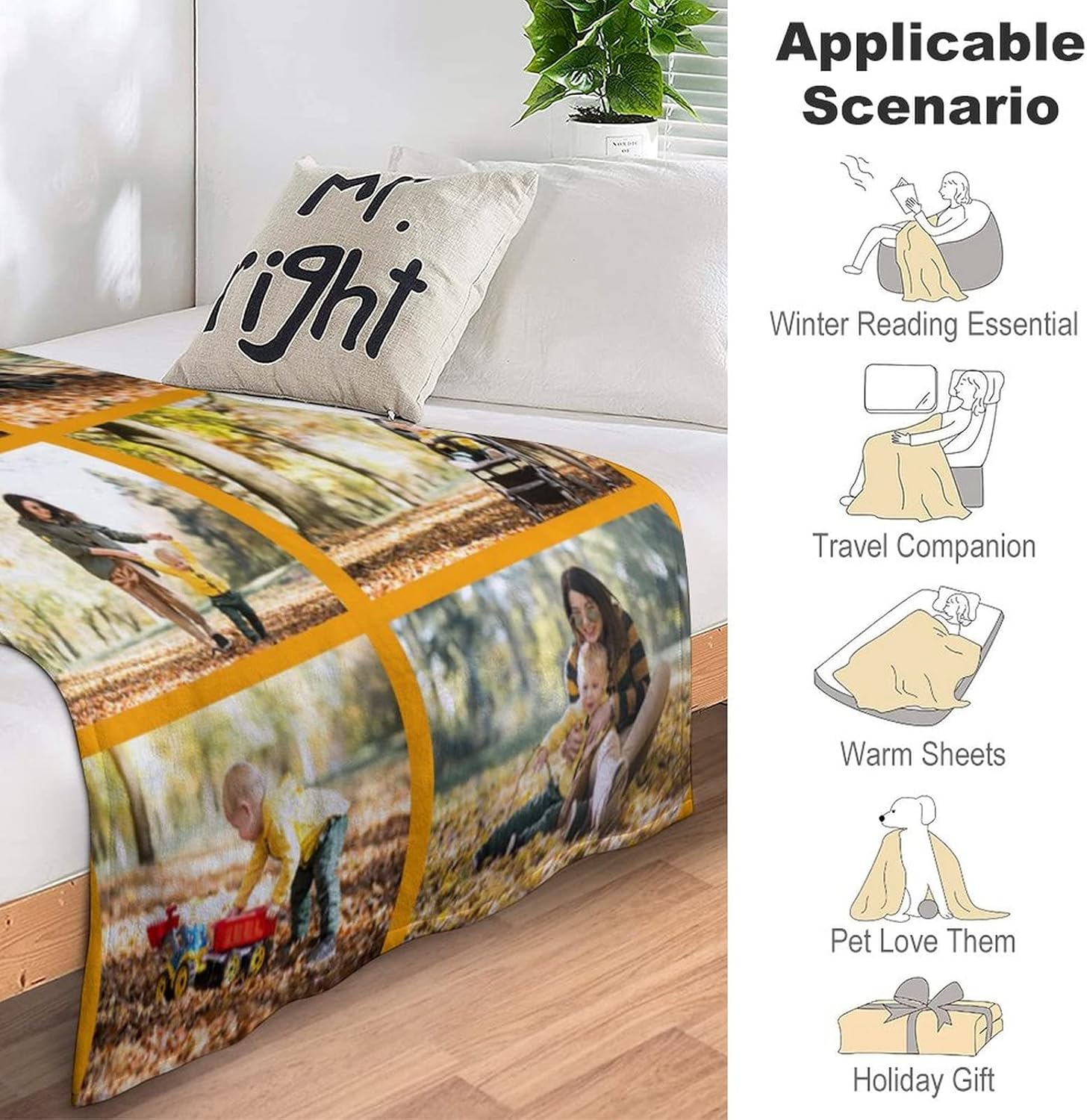 AXKEUDO Custom Blanket with Photo Text Personalized Bedding Throw Blankets Flannel Fleece Blankets for Family Birthday Wedding Gift Fits Sofa Couch Bedroom Living Room 6 Photo Collage 60"X50"