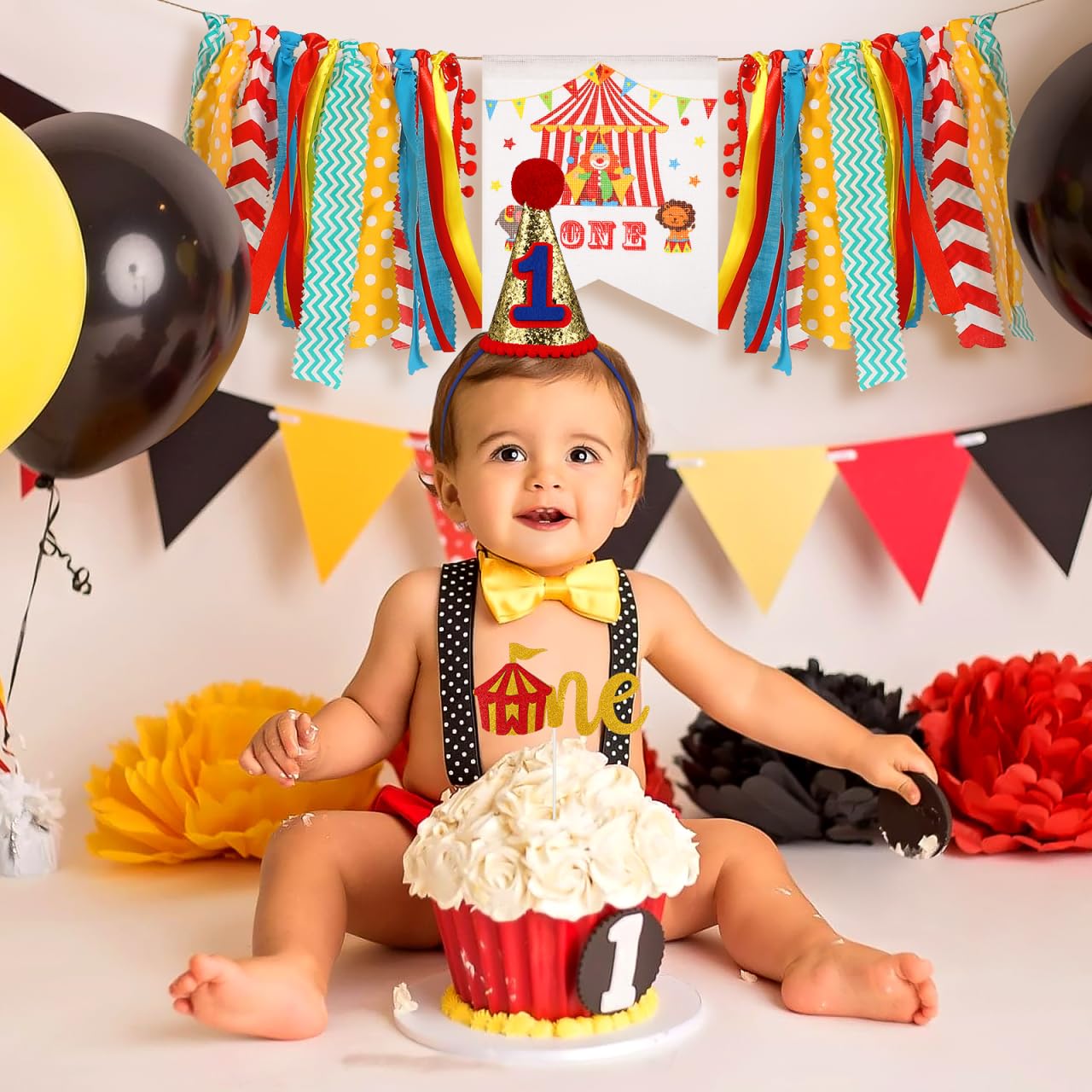 PRETYZOOM 1. Geburtstag Dekoset – Zirkus Karneval Motiv, Banner, Hut, Kuchenflagge