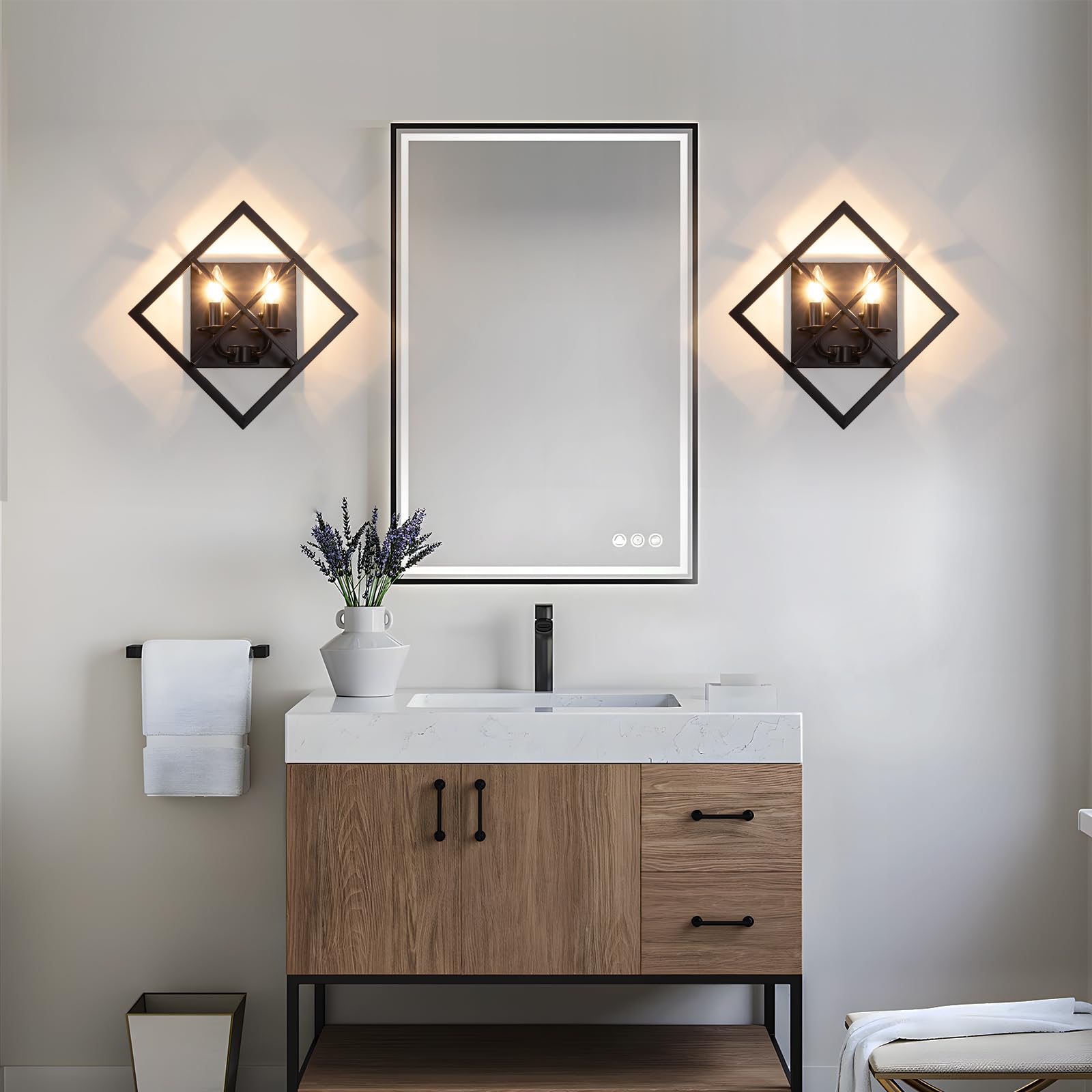 Juego de 2 apliques de pared negros para escaleras, apliques rústicos de pared de 17.8 pulgadas, lámpara de montaje en pared interior para sala de estar, dormitorio, baño (base E12, bombillas 3