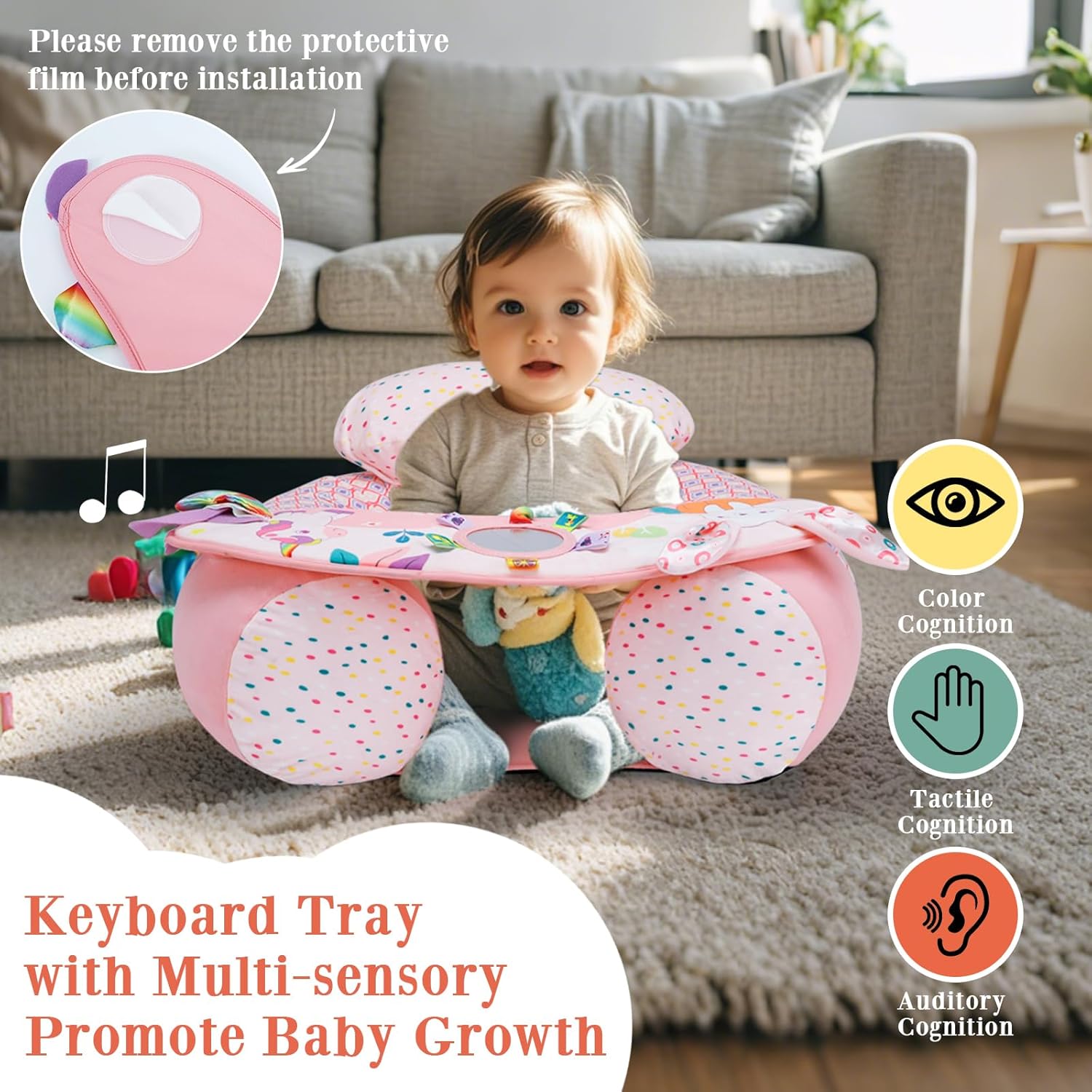 Baby Donut Sit Me Up Floor Seat for 3-36 Months, Inflatable Baby Seat with Cover, Activity Chair for Sitting up, Sensory Tray Suitable for Development, Unicorn - Image 3