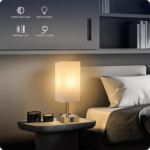 Miniatura 4 de Soilsiu Juego de 2 lámparas de mesita de noche de 3 vías regulables con puerto de carga USB C y USB A, 2 salidas de CA, bombillas LED de 3000 K