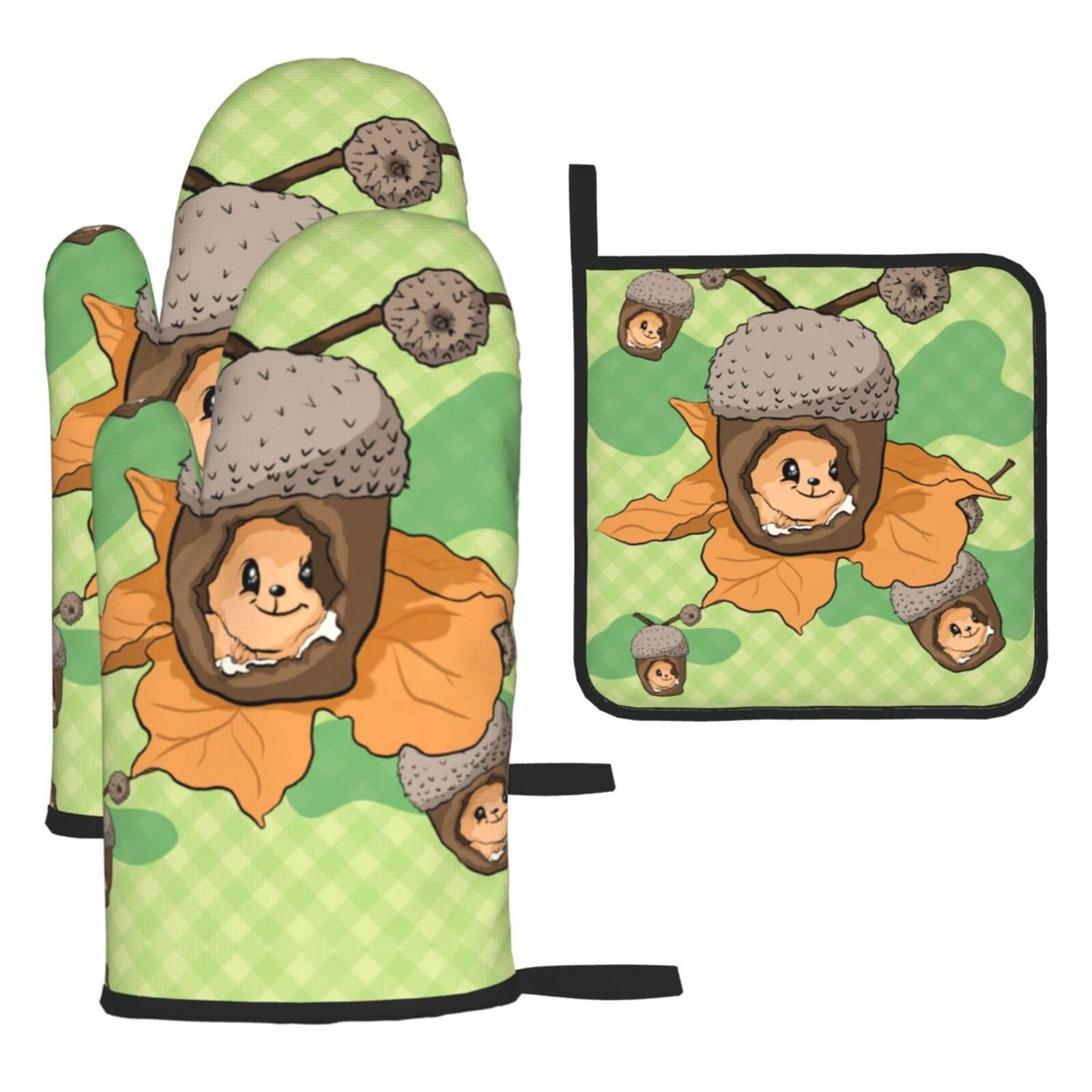 Cartoon squirrel Oven mittens and oven mitts three-piece set suitable for oven, grilling, baking, microwave and home cooking.