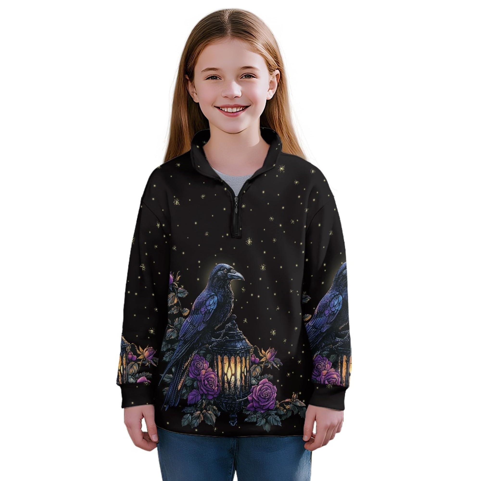 AmzPrint Half Zip Pullover Jackets Girls Long Sleeve Warm Pullover Back To School Running Oversized Hoodie For Big Girls