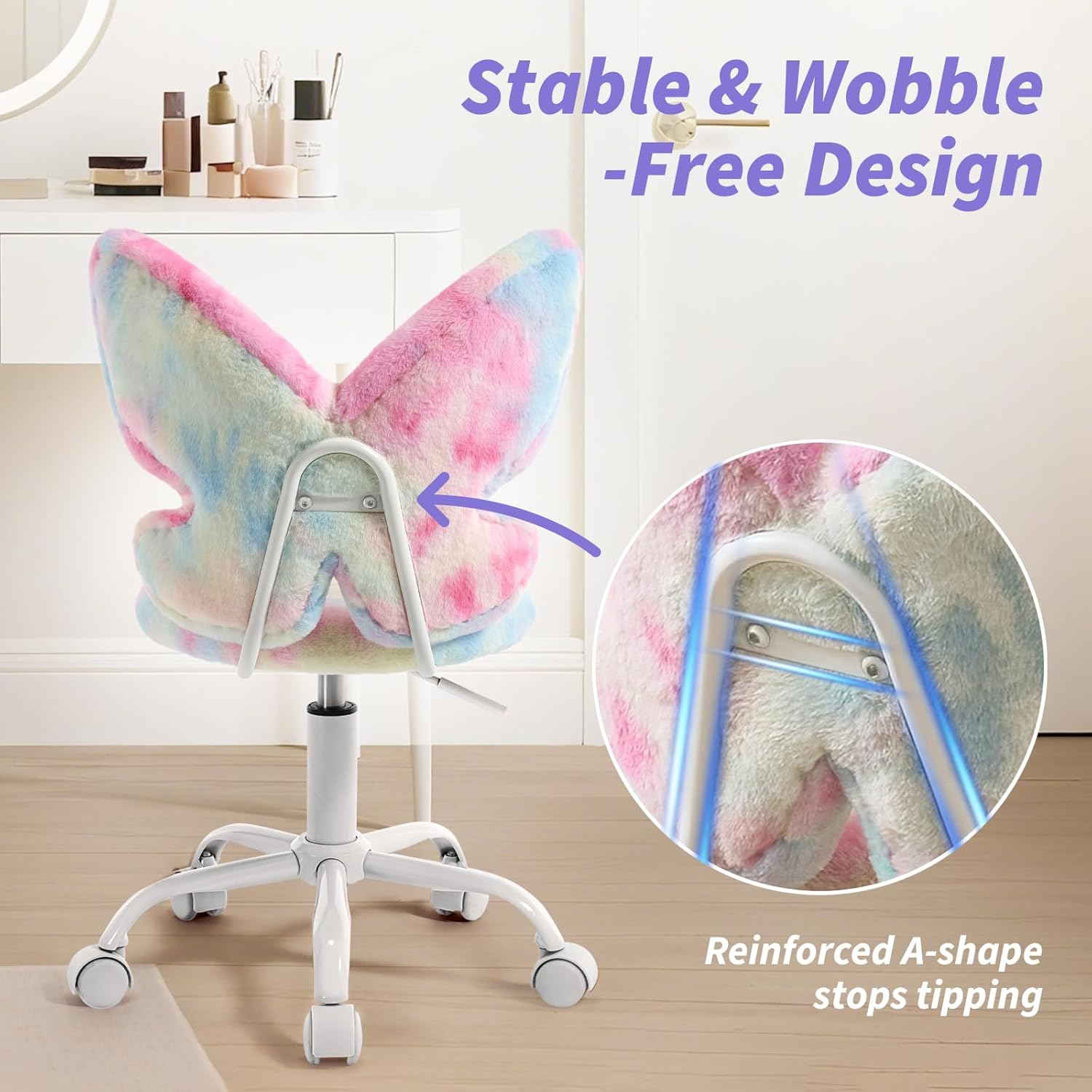 Kids Desk Chair with Adjustable Height,Butterfly Study Fluffly Chair with Comfortable Swivel Function for Reading,Vanity ＆ Playing (Pink)